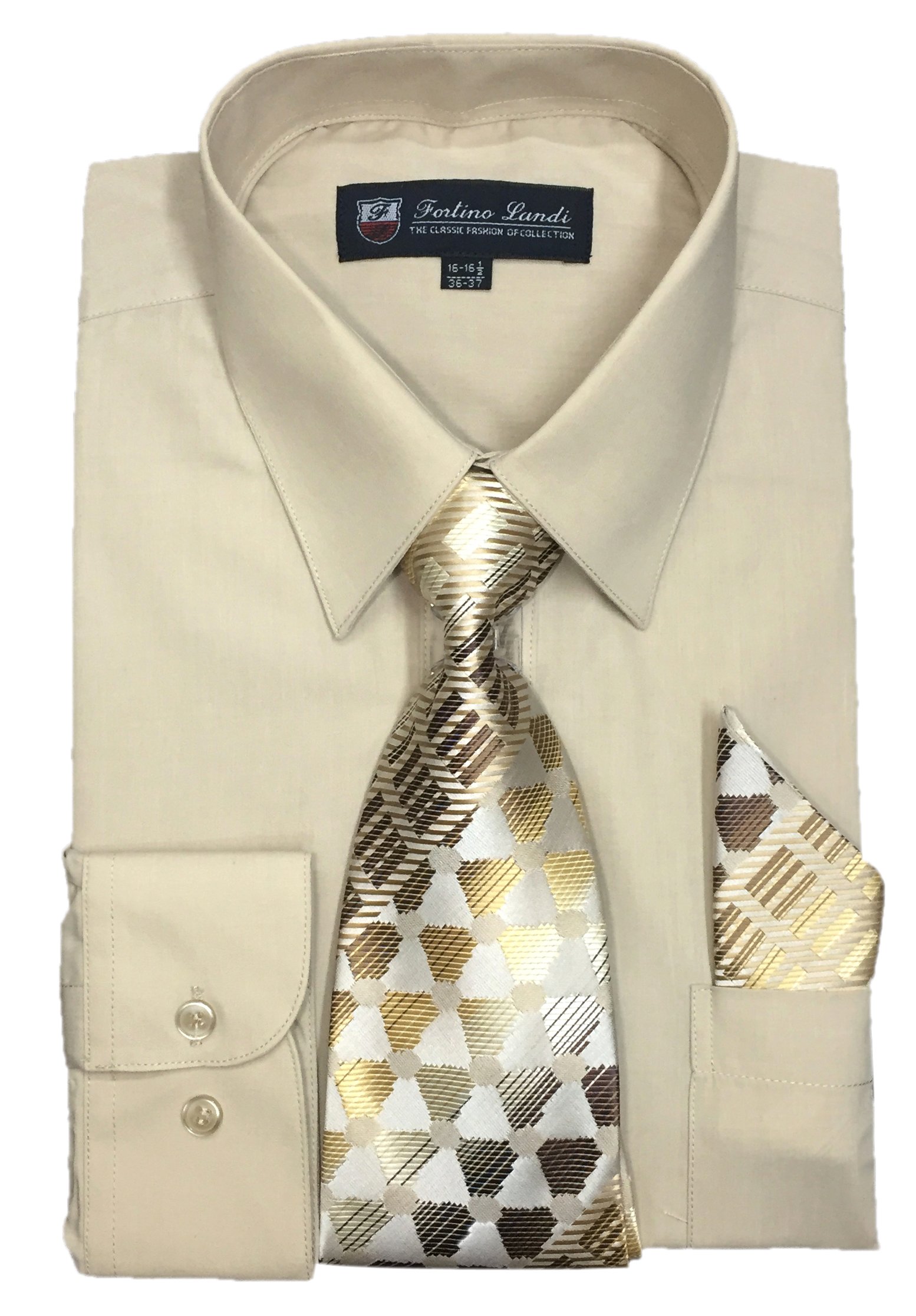 Fortino Landi Men's Long Sleeve Dress Shirt with Matching Tie & Pocket Square | Formal Business Attire for Office, Wedding & Special Occasions