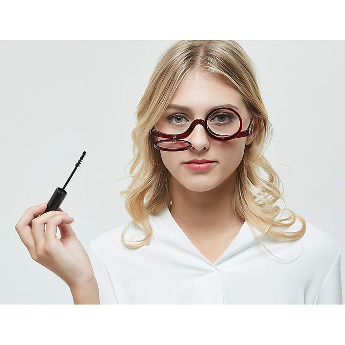 Queenbox +1.0 Magnifying Makeup Glasses with Flip Lens - Reading & Cosmetic Eyewear for Women (Red) - Perfect for Makeup Application, Reading & Close-Up Work