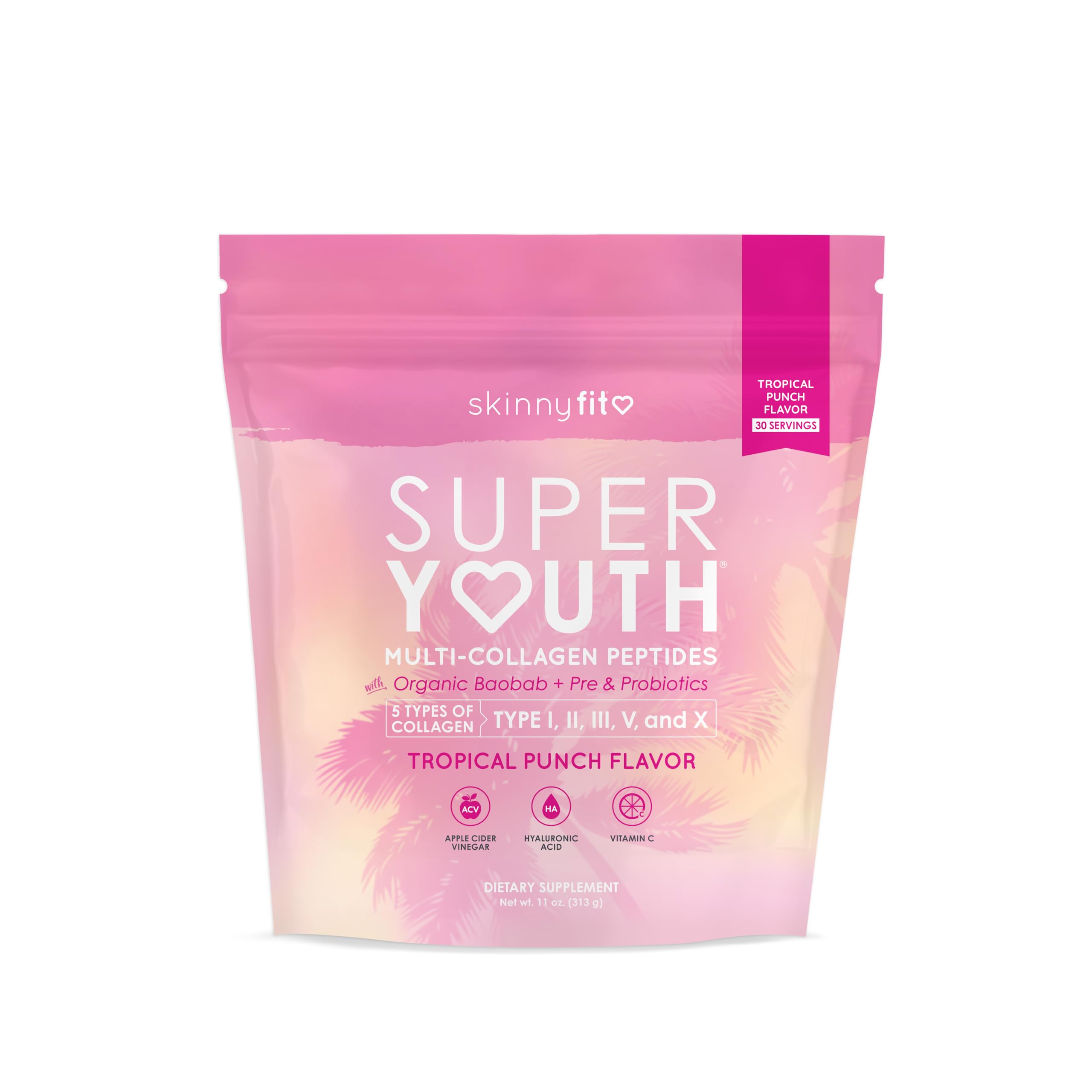 SkinnyFit Super Youth Tropical Punch Multi-Collagen Peptides + Probiotics with Baobab Fiber, Apple Cider Vinegar, Hyaluronic Acid & Vitamin C - Supports Skin, Hair, Joint Health & Metabolism - 30 Servings for Women's Wellness & Beauty Routine