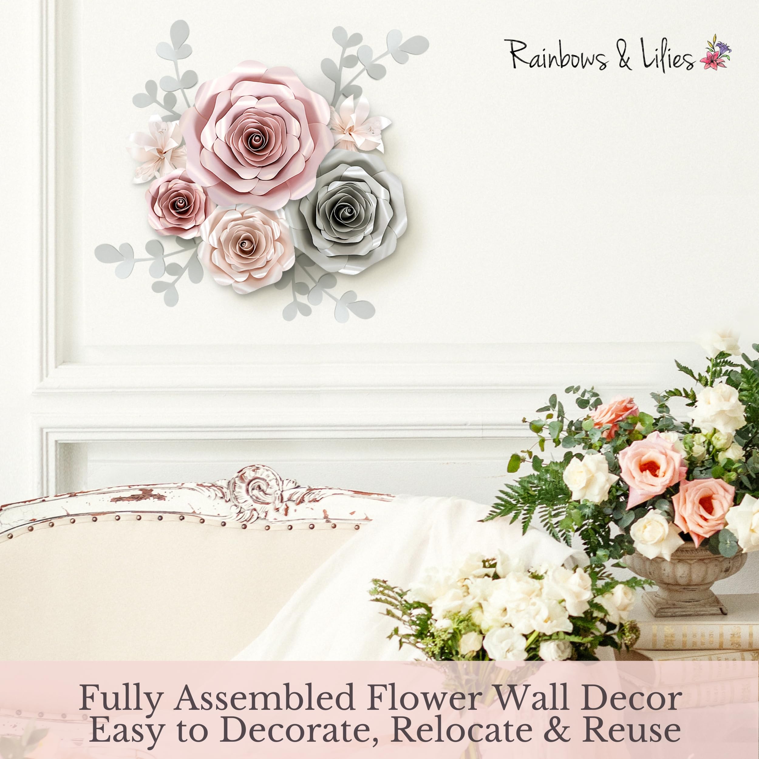 Rainbows & Lilies Paper Flowers Wall Decor - 3-Piece Set for Wedding, Baby Shower, Nursery, Party Backdrop & Centerpieces | Perfect for Bridal Showers, Baby Girl Rooms & Photo Booth Backgrounds