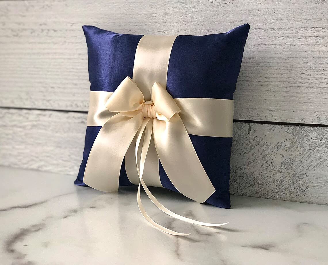 Ivory Navy Flower Girl Basket and Ring Bearer Pillow Set - Wedding Ring Holder Pillow with Navy Basket (2 Pillows + 1 Basket) - Perfect for Wedding Ceremonies, Bridal Showers, and Photo Shoots