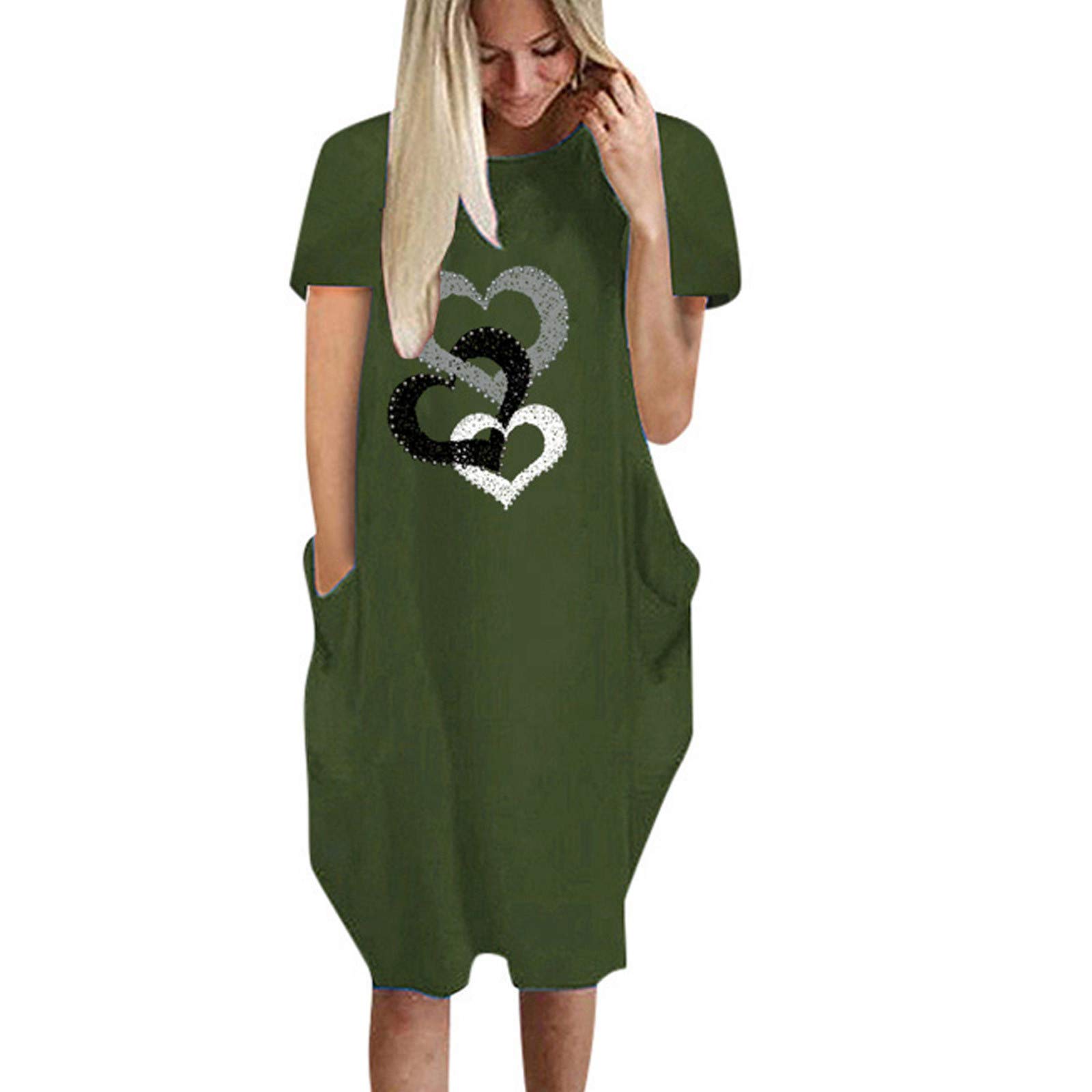 BFAFEN Women's Plus Size Summer Midi Dress with Heart Print - Round Neck Short Sleeve Casual Loose Shirt Dress for Beach, Vacation & Everyday Wear