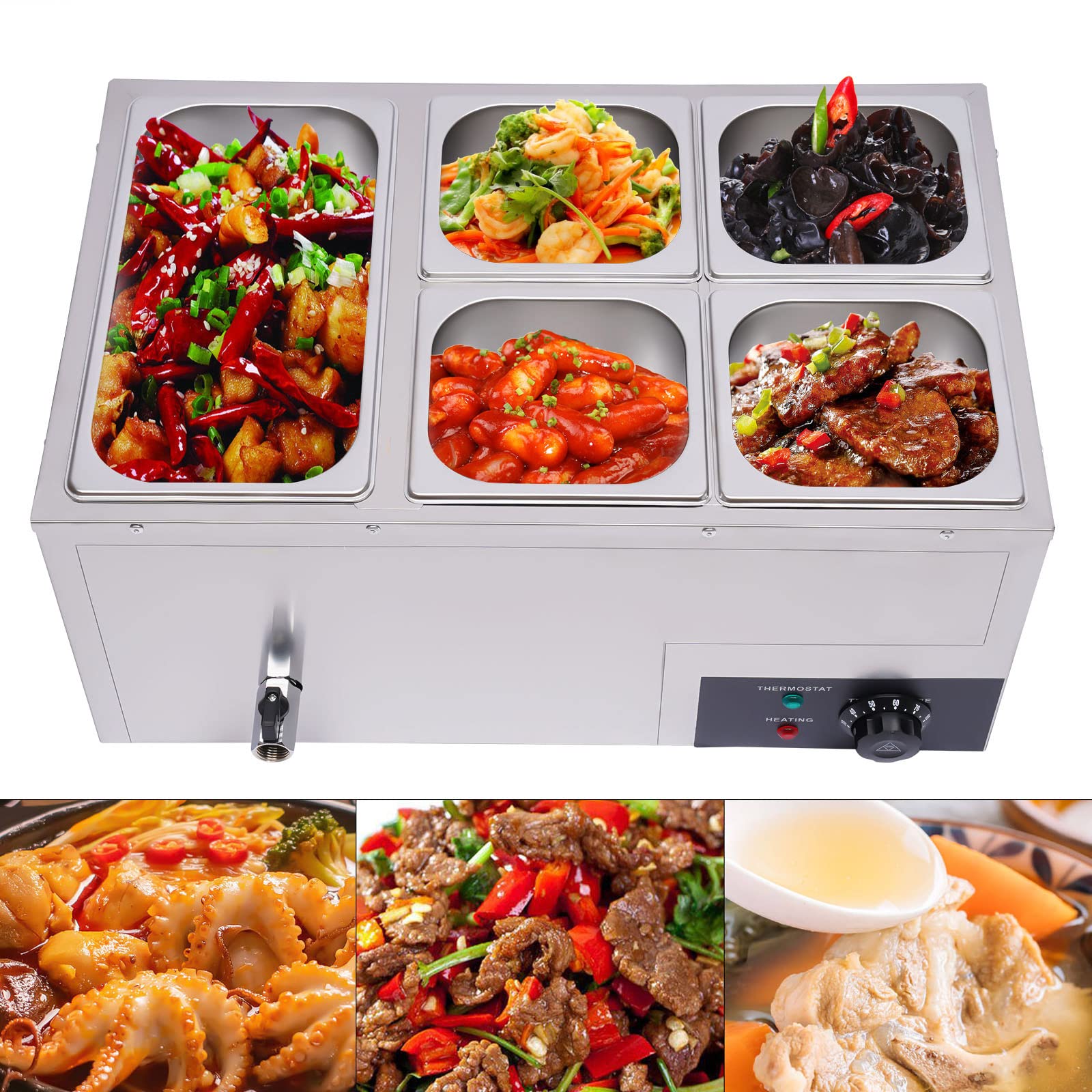 5-Pan Commercial Food Warmer with Lids - 600W Electric Steam Table Warmer | Stainless Steel Buffet Server with 86-185°F Temperature Control | Perfect for Restaurants, Catering & Buffet Service