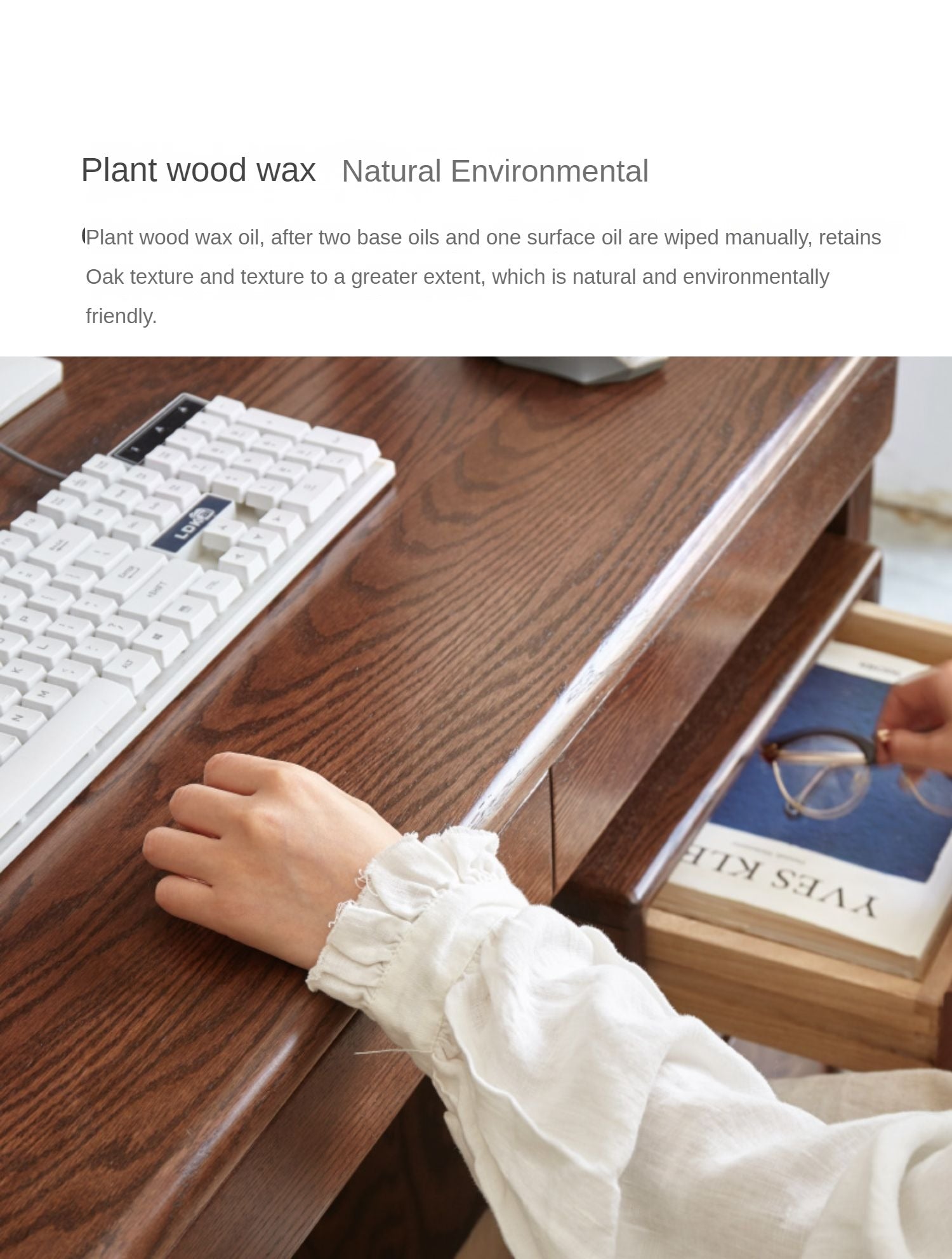 Solid Oak Wood Modern Combination Desk - Home Office Workstation for Study, Writing & Computer Use