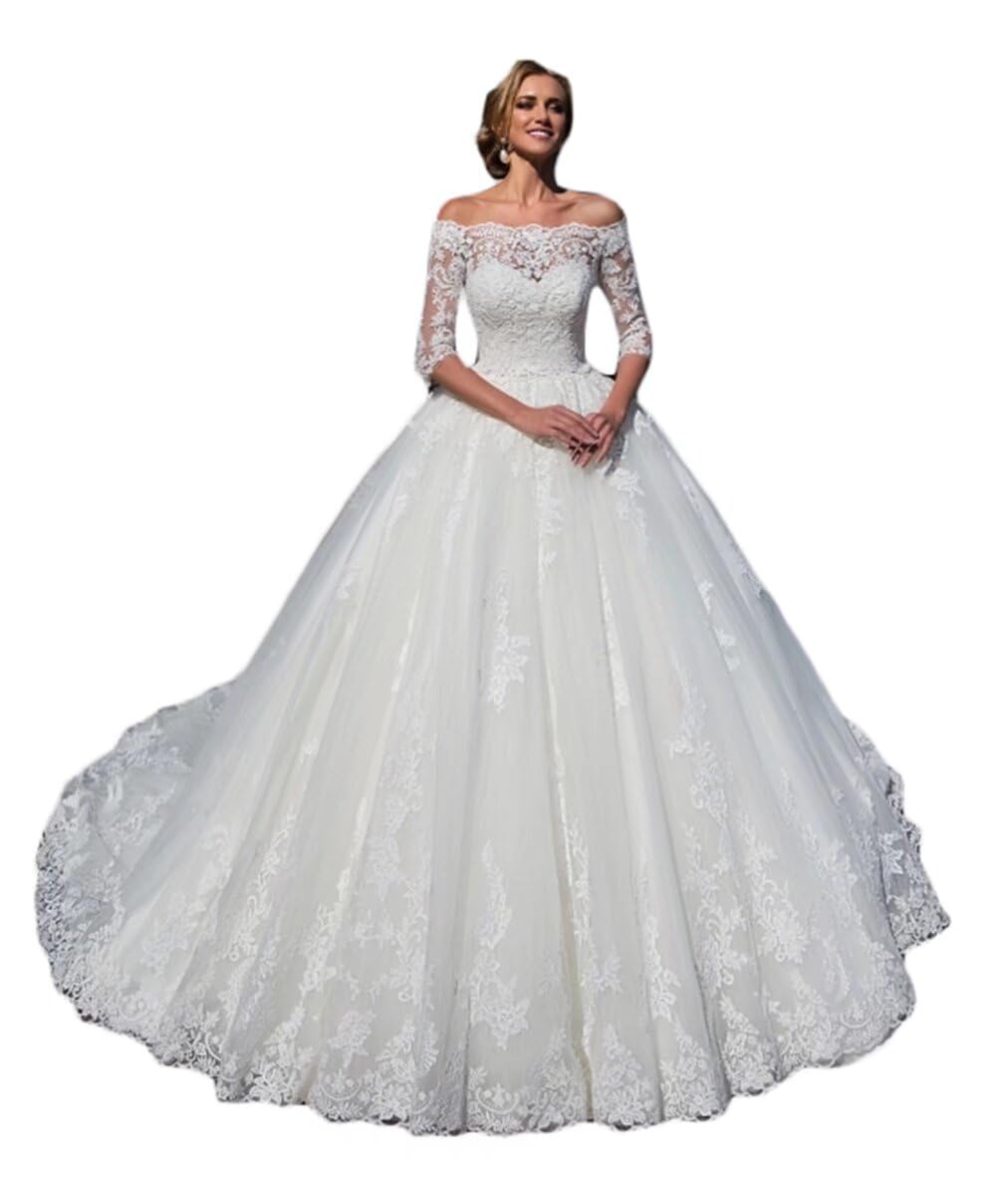 Elegant Off The Shoulder Wedding Dress with 3/4 Sleeves & Lace Tulle Details – Romantic Bridal Gown for Women – Perfect for Beach Weddings, Vow Renewals & Formal Ceremonies