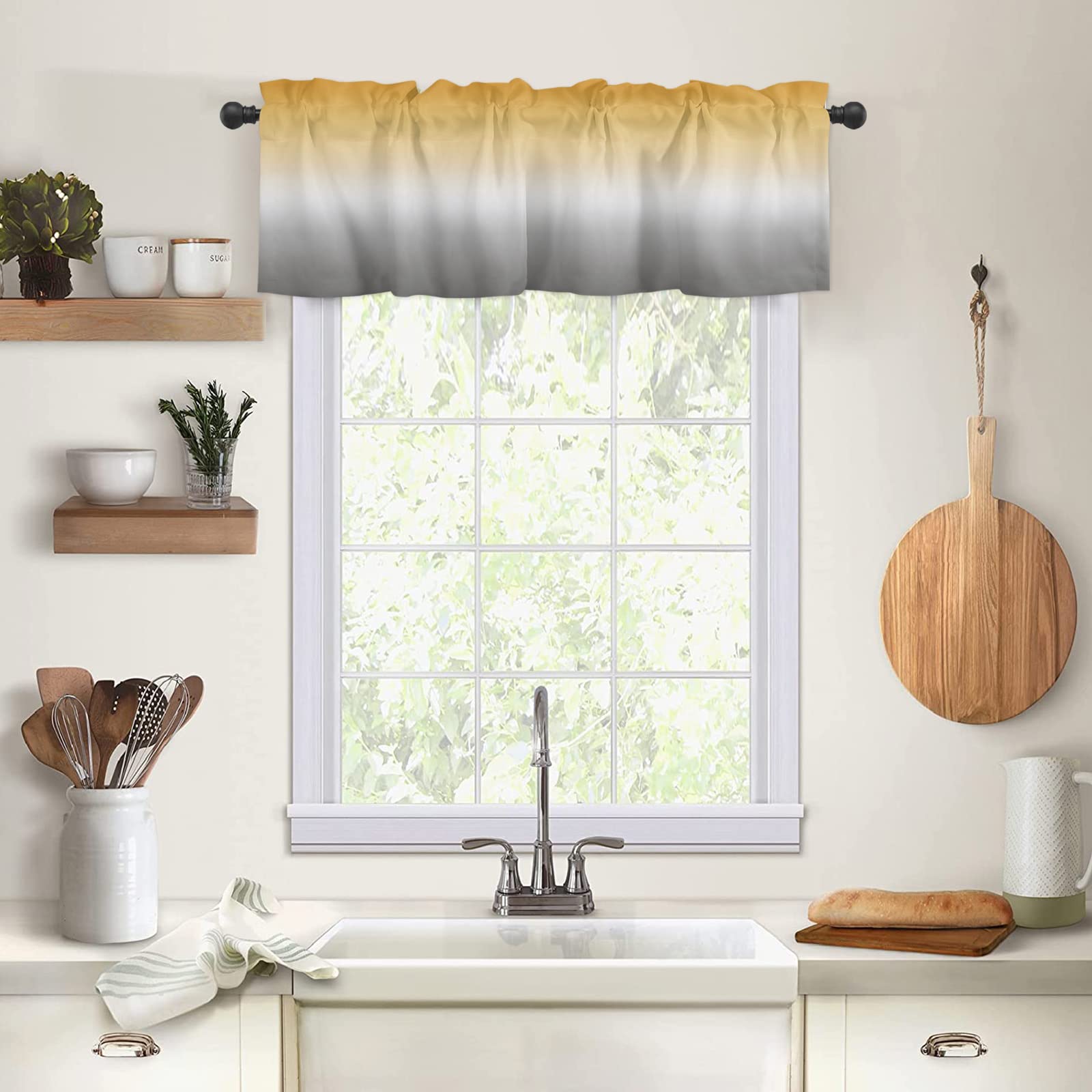 Ombre Yellow Gray Window Valance Curtain - Rod Pocket Design for Living Room, Kitchen, Bathroom - Soft & Washable Small Window Treatment (54x18 Inch, 1 Panel) - Perfect for Cozy Home Decor & Small Window Covering Needs