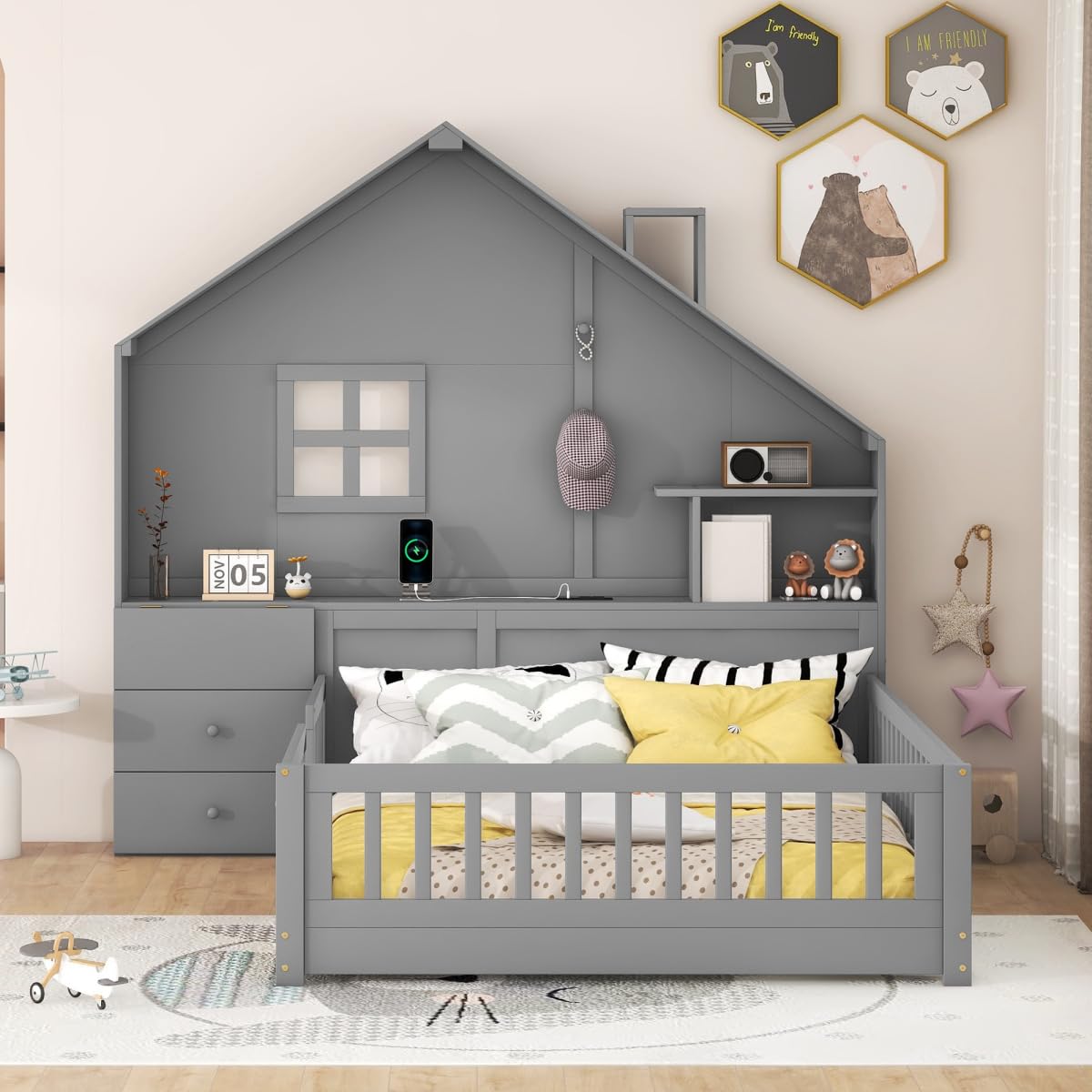 Pine Wood Full Size House Platform Bed with Storage Headboard, L-Shaped Bookcase, Drawers & Large Shelves - Kids Bedroom Furniture with USB Charging Station for Boys & Girls (Gray) - Perfect for Small Spaces, Dorm Rooms & Shared Kids' Bedrooms