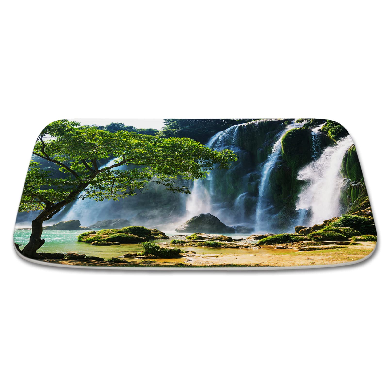 Non-Slip Waterfall Tropical Forest Bath Rug - 16x24 Inch Memory Foam Bathroom Mat with Rubber Backing, Absorbent Kitchen Floor Carpet for Bathroom, Shower & Entryway Decor