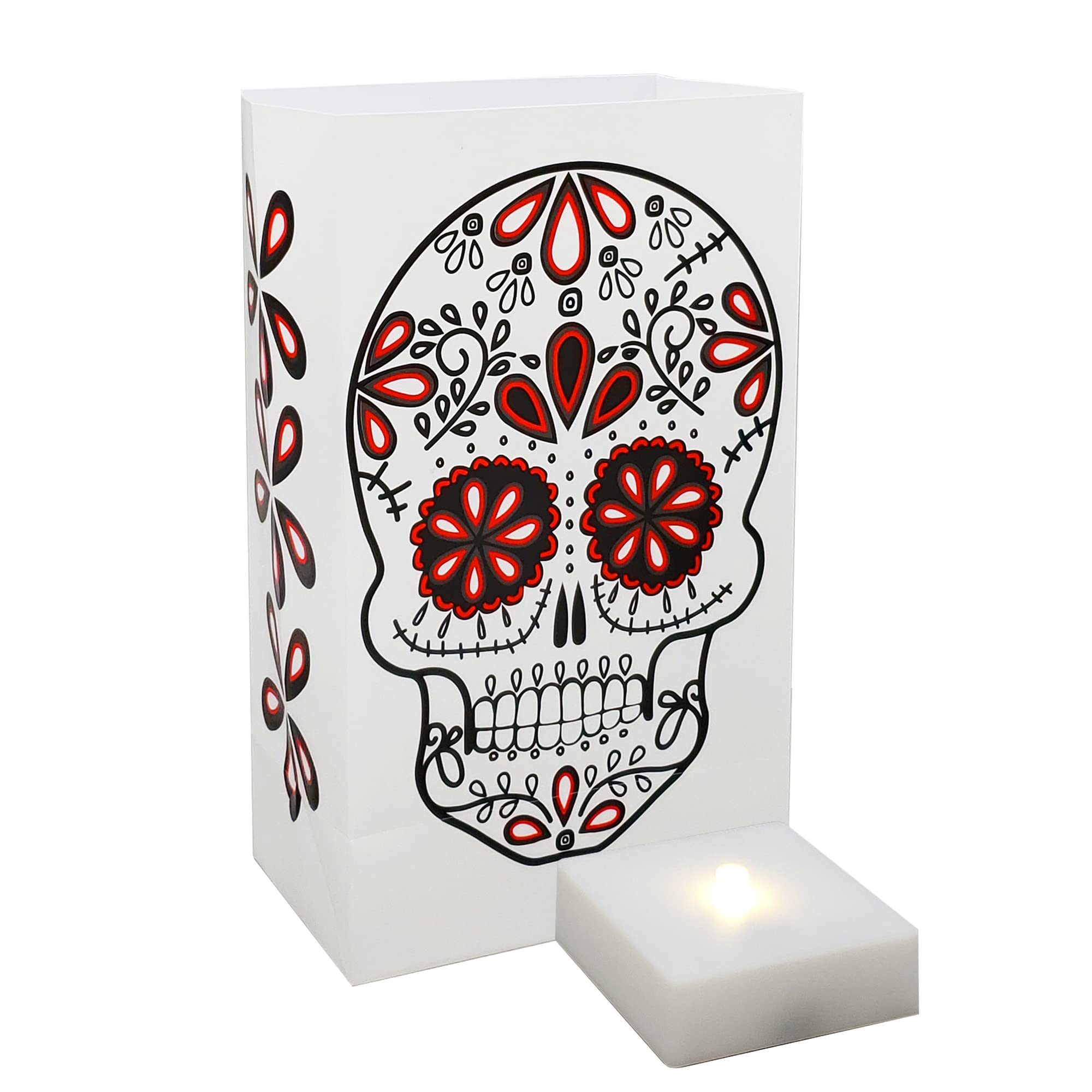 LumaBase Battery Operated Luminaria Kit with Timer - Set of 6 Sugar Skull LED Candles for Halloween, Dia de Los Muertos Decorations - Perfect for Indoor & Outdoor Party Lighting, Pathway Markers, and Festive Home Decor