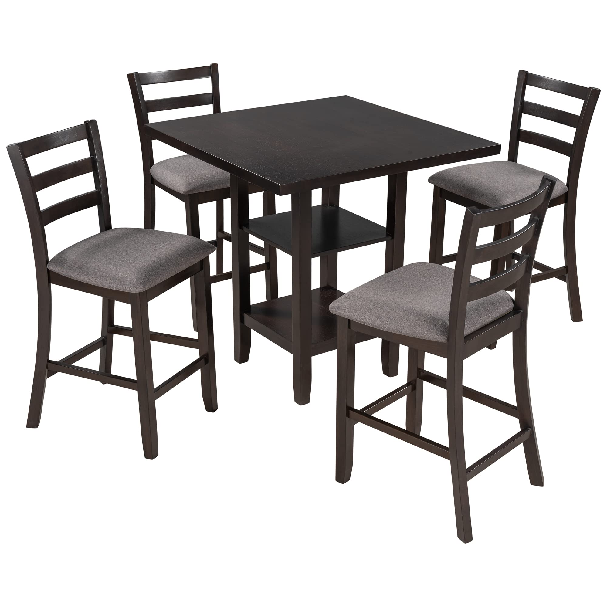 Farmhouse Style Counter Height Dining Table Set for 5 with 2-Tier Storage Shelves & 4 Padded Chairs - Espresso Finish | Perfect for Small Kitchens, Breakfast Nooks & Open Concept Dining Areas