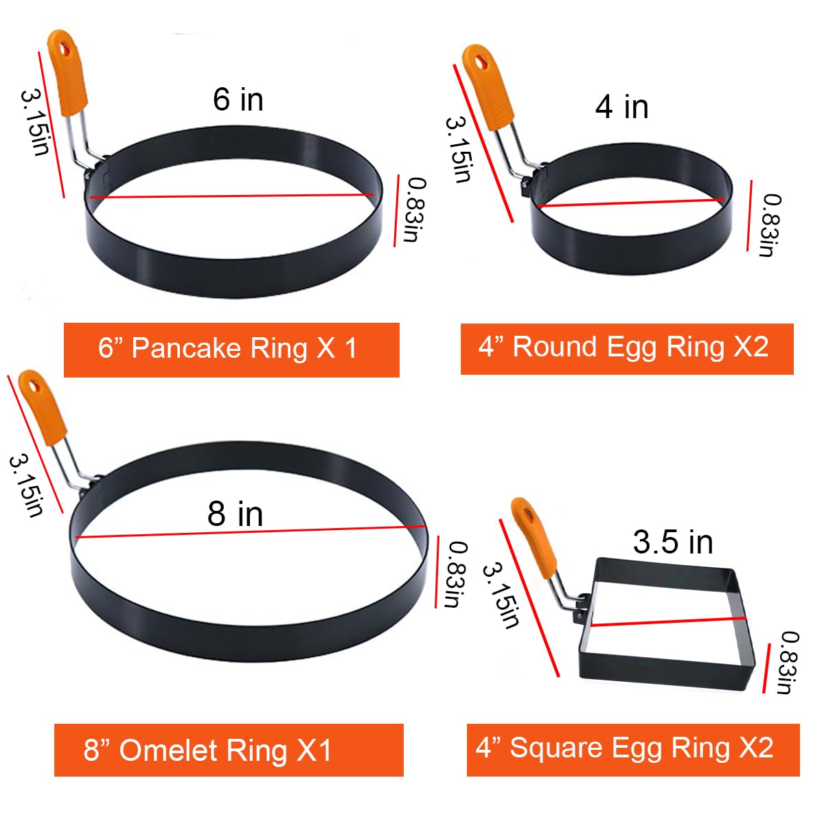 6-Pack Non-Stick Stainless Steel Egg Rings Set - 8