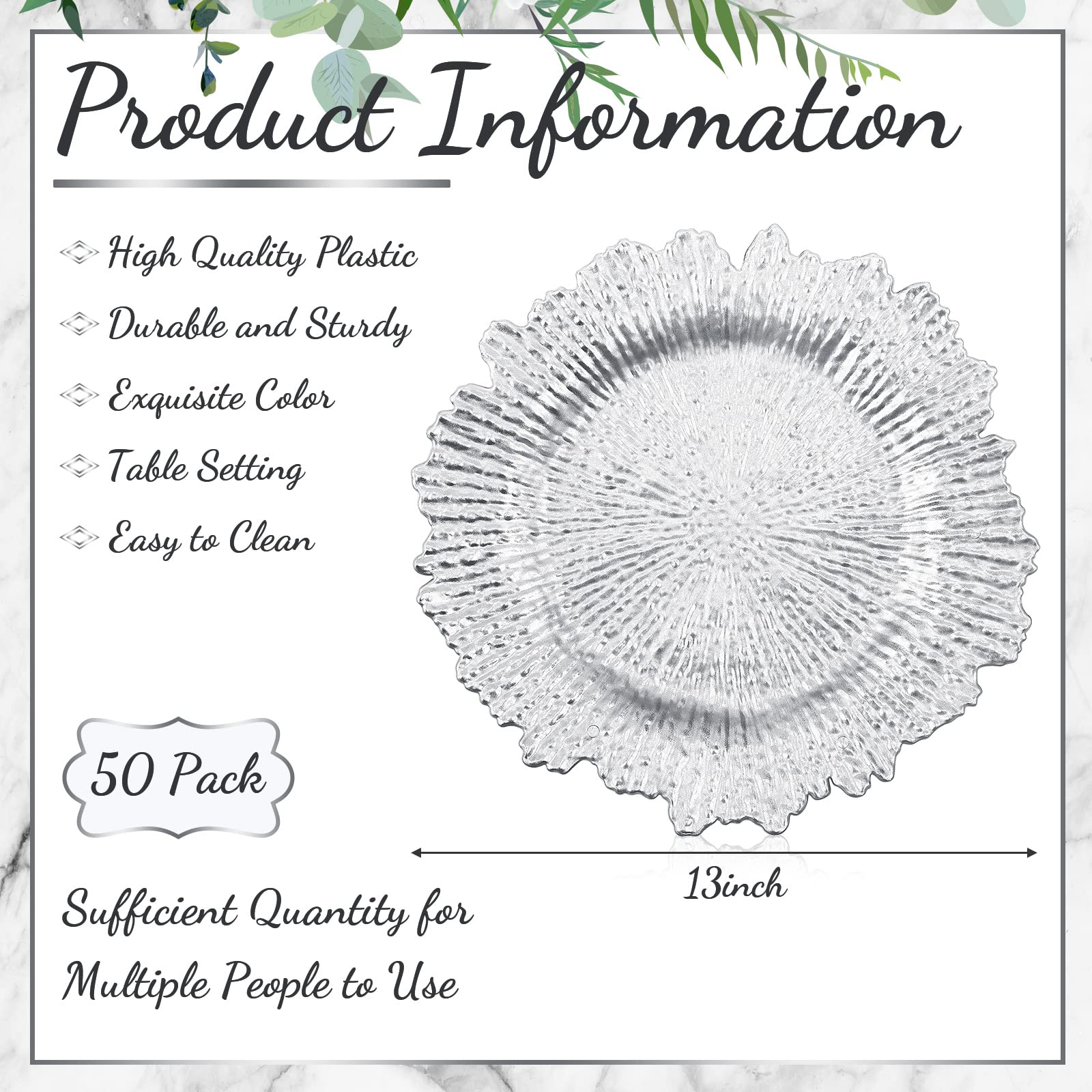 50 Pcs 13 Inch Silver Floral Reef Design Plastic Charger Plates - Round Ruffled Rim Dinner Plates for Wedding, Party & Event Table Decor - Elegant Table Setting for Fine Dining & Special Occasions