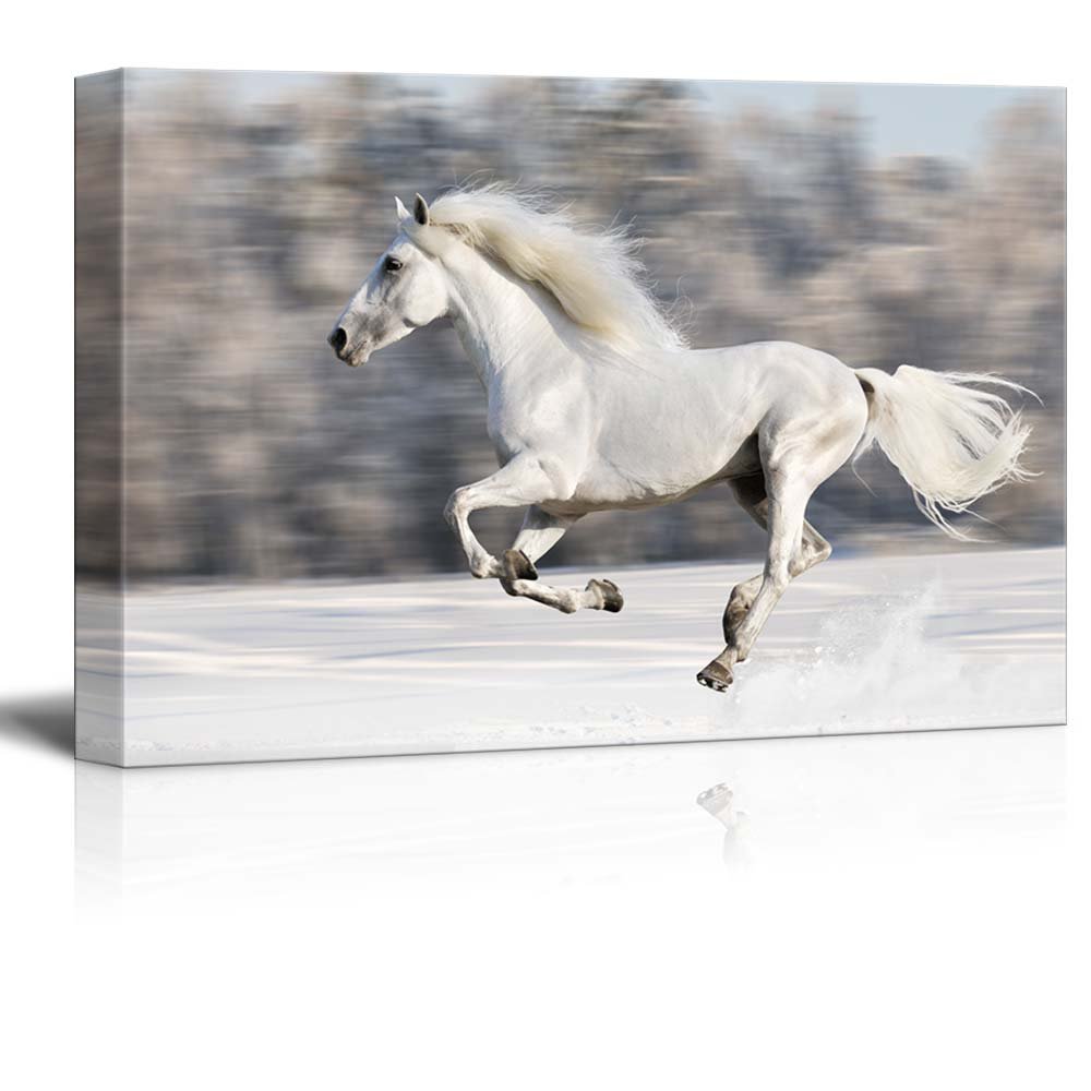 White Horse Galloping in Winter - Modern Canvas Wall Art Print | Stretched Gallery Wrap, Ready to Hang (24x36 inches) - Perfect for Living Room, Bedroom & Office Decor