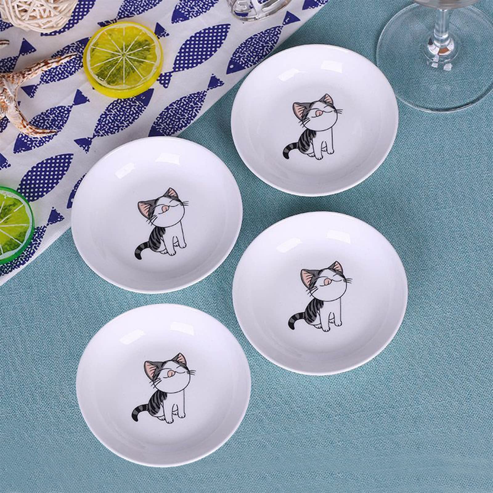 4-Pack Ceramic Cat Pattern Dipping Bowls - 4 Inch Small Sauce Dishes for Sushi, Soy Sauce, Snacks & Seasonings - Cute Porcelain Appetizer Plates for Parties, Home Dining & Japanese Cuisine