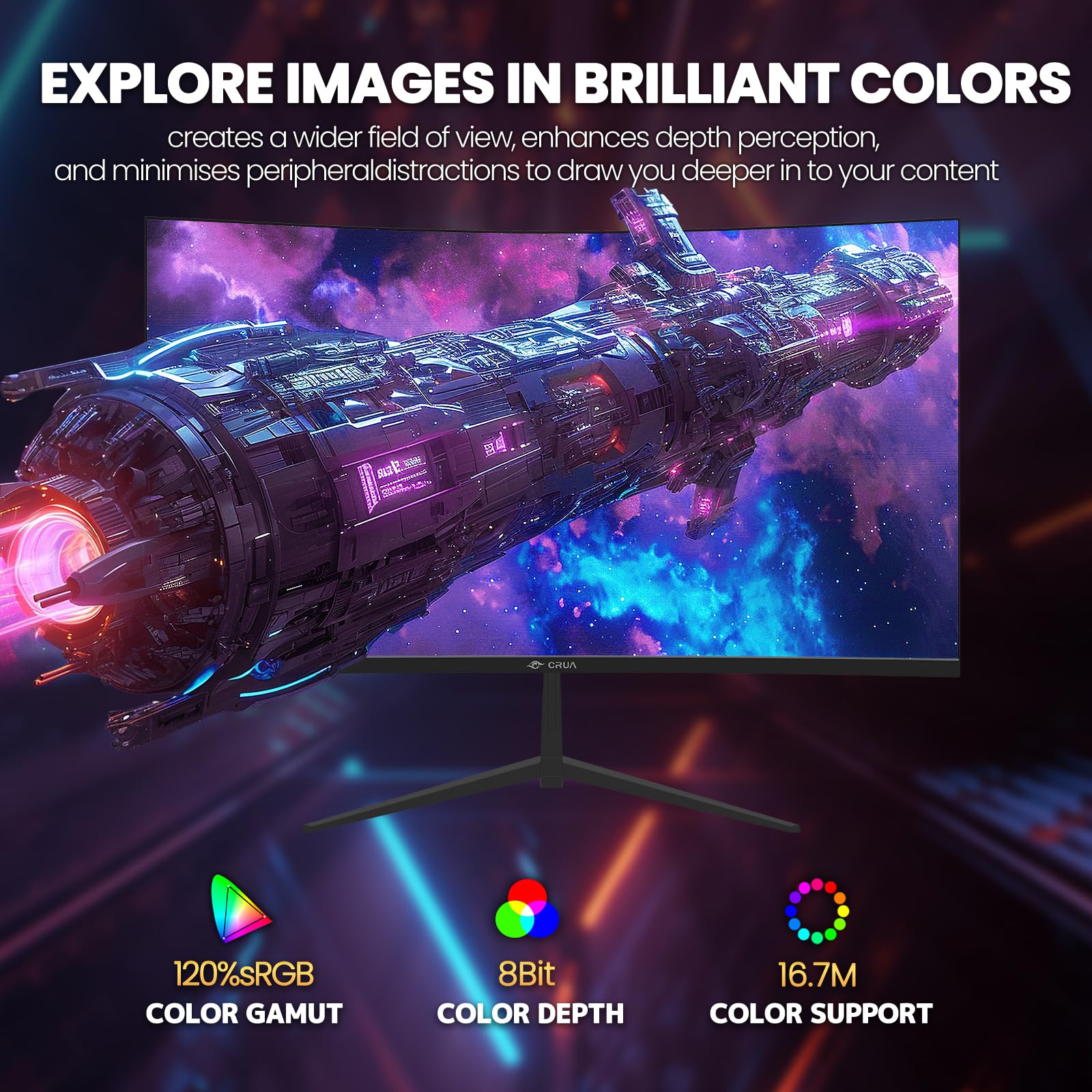 CRUA 32 Inch Curved Gaming Monitor - FHD 1920x1080P, 144Hz/180Hz, 1800R VA Panel, 120% sRGB, AMD FreeSync, HDMI & DP Ports, VESA Mountable - Black | Perfect for Esports, PC Gaming & Home Office Setup