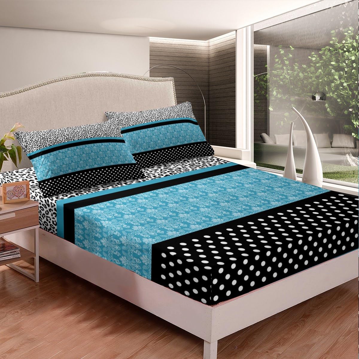 Leopard Print Bed Sheet Set Full - Teal Boho Paisley Cheetah Bedding with Black & White Polk Dots | 4-Piece Animal Print Sheet Set for Kids, Girls & Teens | Bohemian Floral Wildlife Fitted & Flat Sheets | Perfect for Teen Bedrooms, Dorm Decor & Boho Chic Home Styling