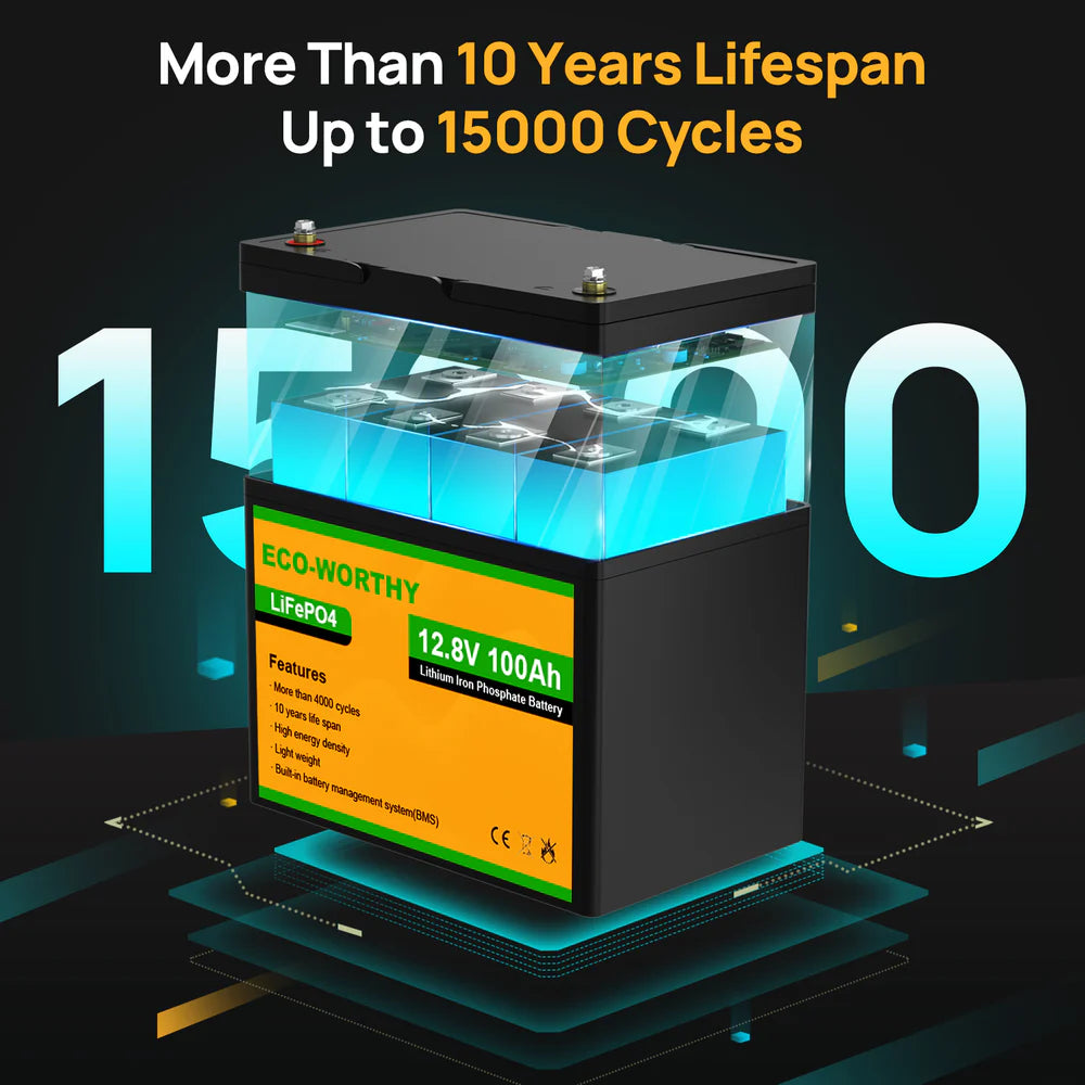 ECO WORTHY 12V 100Ah LiFePO4 Deep Cycle Battery - Perfect for Solar Power Systems, RVs, Marine & Off-Grid Applications