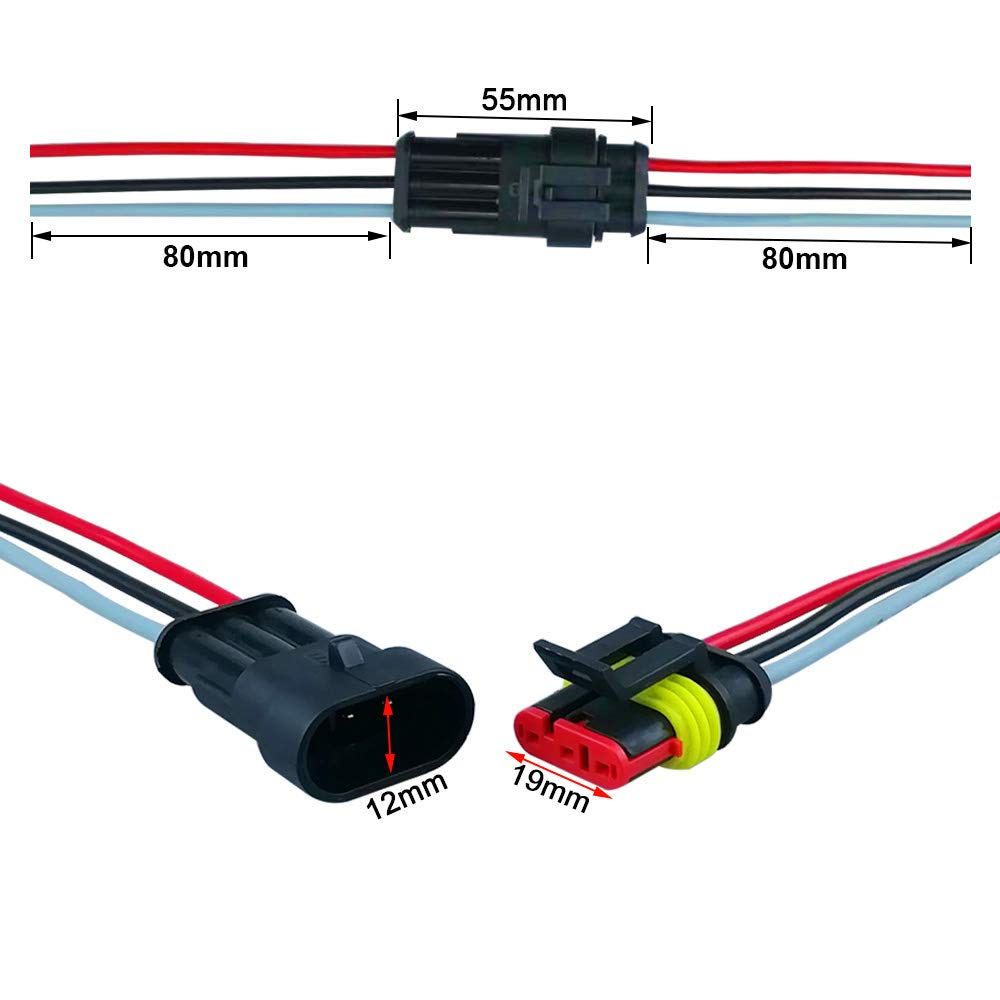 QitinDasen 4Pcs 3-Pin Waterproof Car Electrical Connectors - 16AWG for Auto, Truck & Marine Use