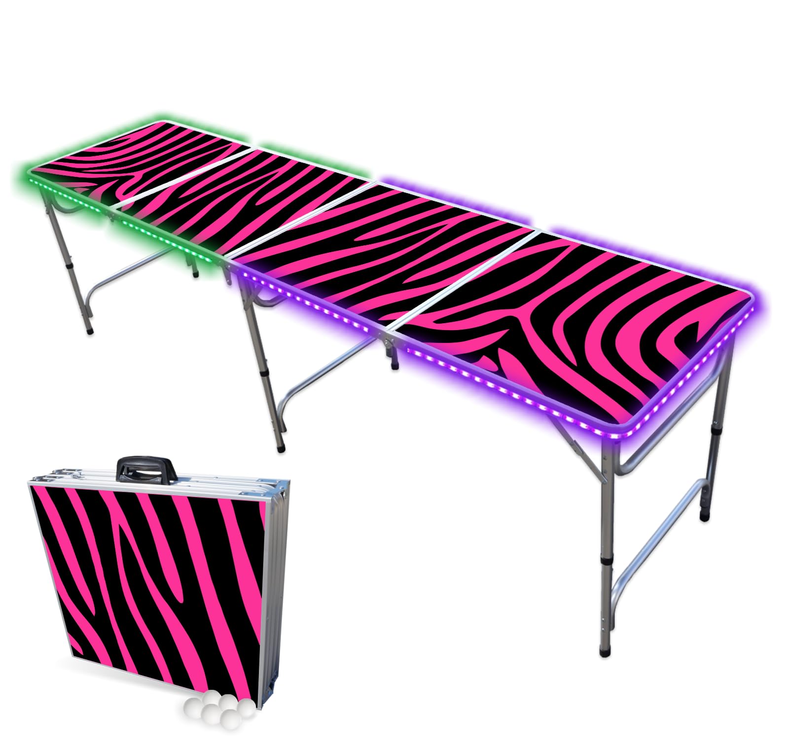 8-Foot Folding LED Beer Pong Table - Pink Zebra Design | Portable Party Game Table for Outdoor Gatherings, Tailgates & College Events