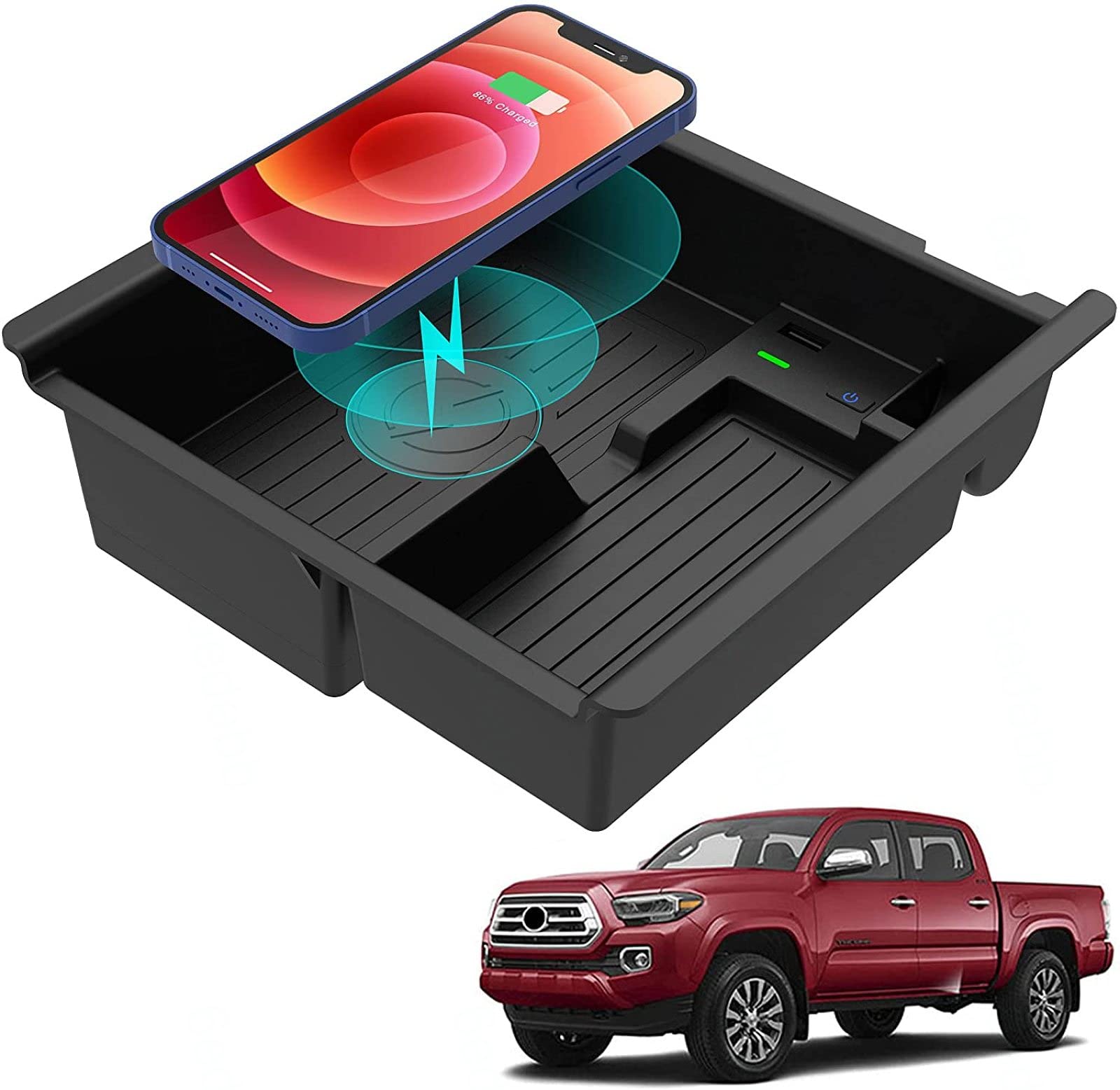 2021 Upgraded Wireless Charger & Center Console Organizer Tray for Toyota Tacoma 2016-2021 | Qi-Certified Phone Charging Pad | TRD PRO Offroad Truck Accessories | Perfect for Camping, Road Trips & Daily Commute