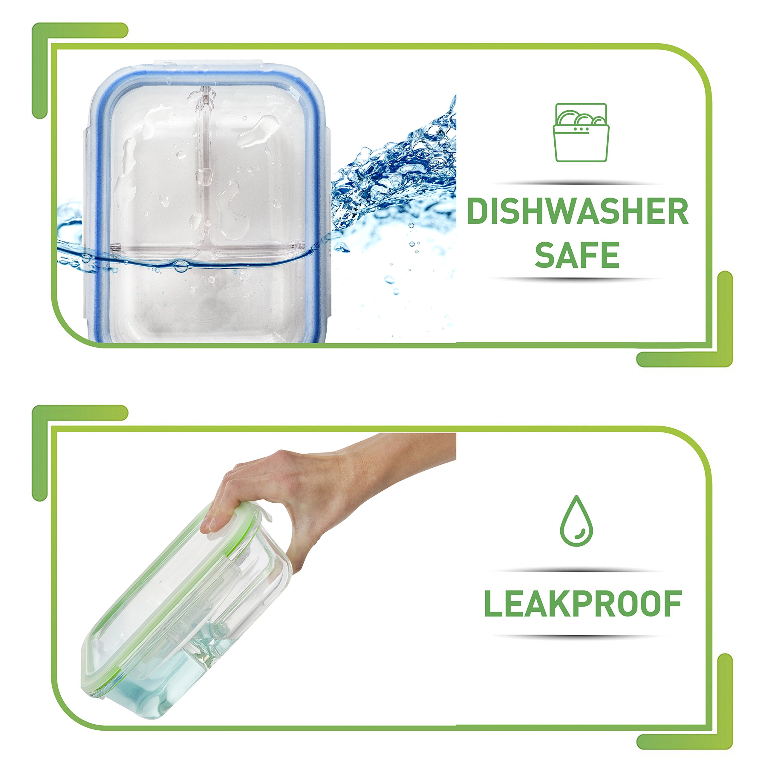 PrepNaturals 4-Pack 34oz Glass Meal Prep Containers with Lids - BPA-Free, Leak-Proof, Multi-Compartment Food Storage - Microwave, Dishwasher, Freezer & Oven Safe - Perfect for Meal Prepping, Leftovers, Lunches & Food Storage