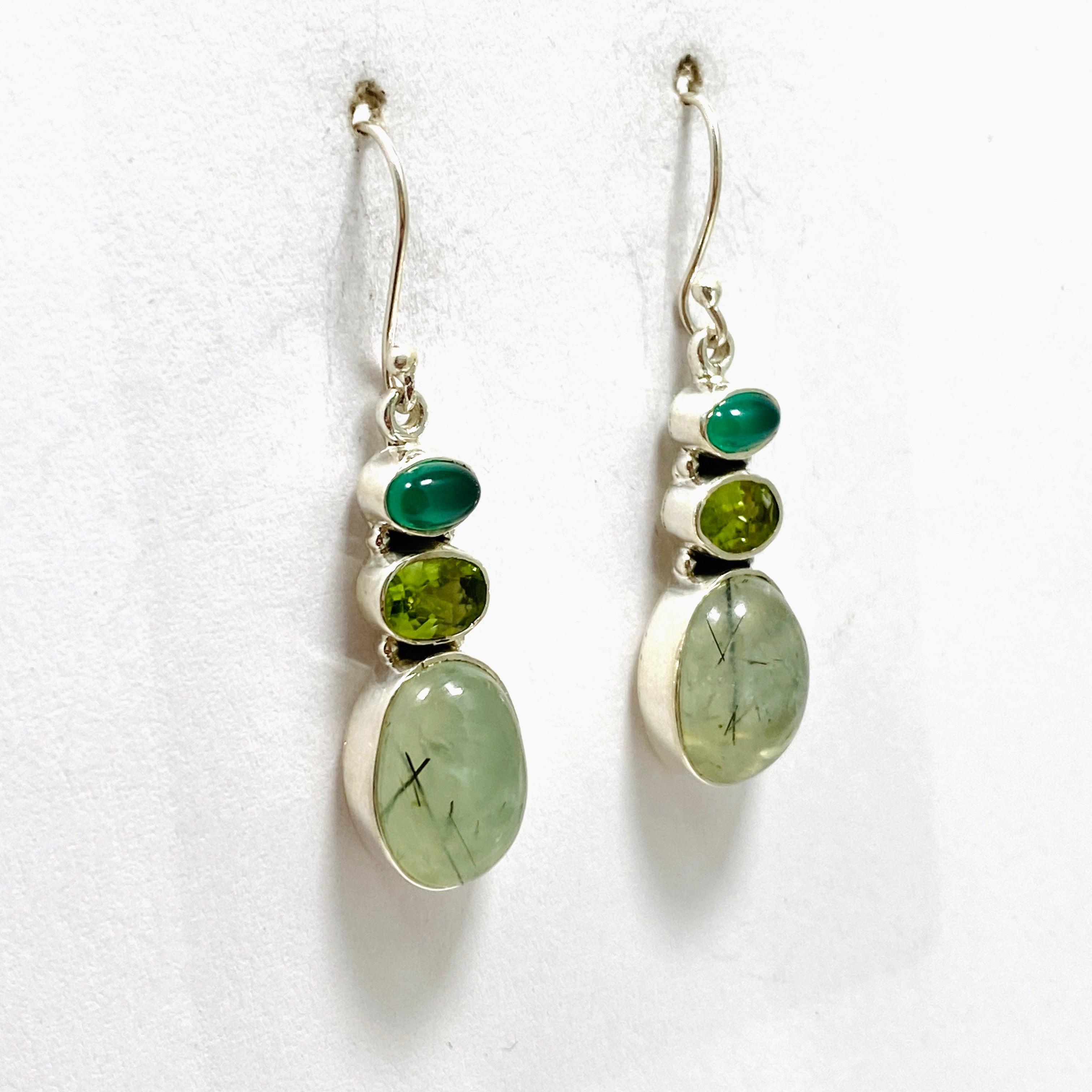 Natural Prehnite Peridot Green Chalcedony Multi-Stone Dangle Earrings for Women | Handmade Bohemian Jewelry | Perfect for Weddings, Parties & Special Occasions