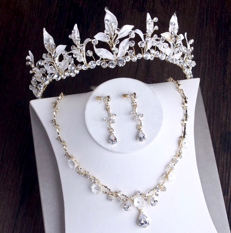 Kariyah Gold Bridal 3 Piece Jewelry Set With Tiara - Elegant Wedding Jewelry for Brides, Bridesmaids & Special Occasions