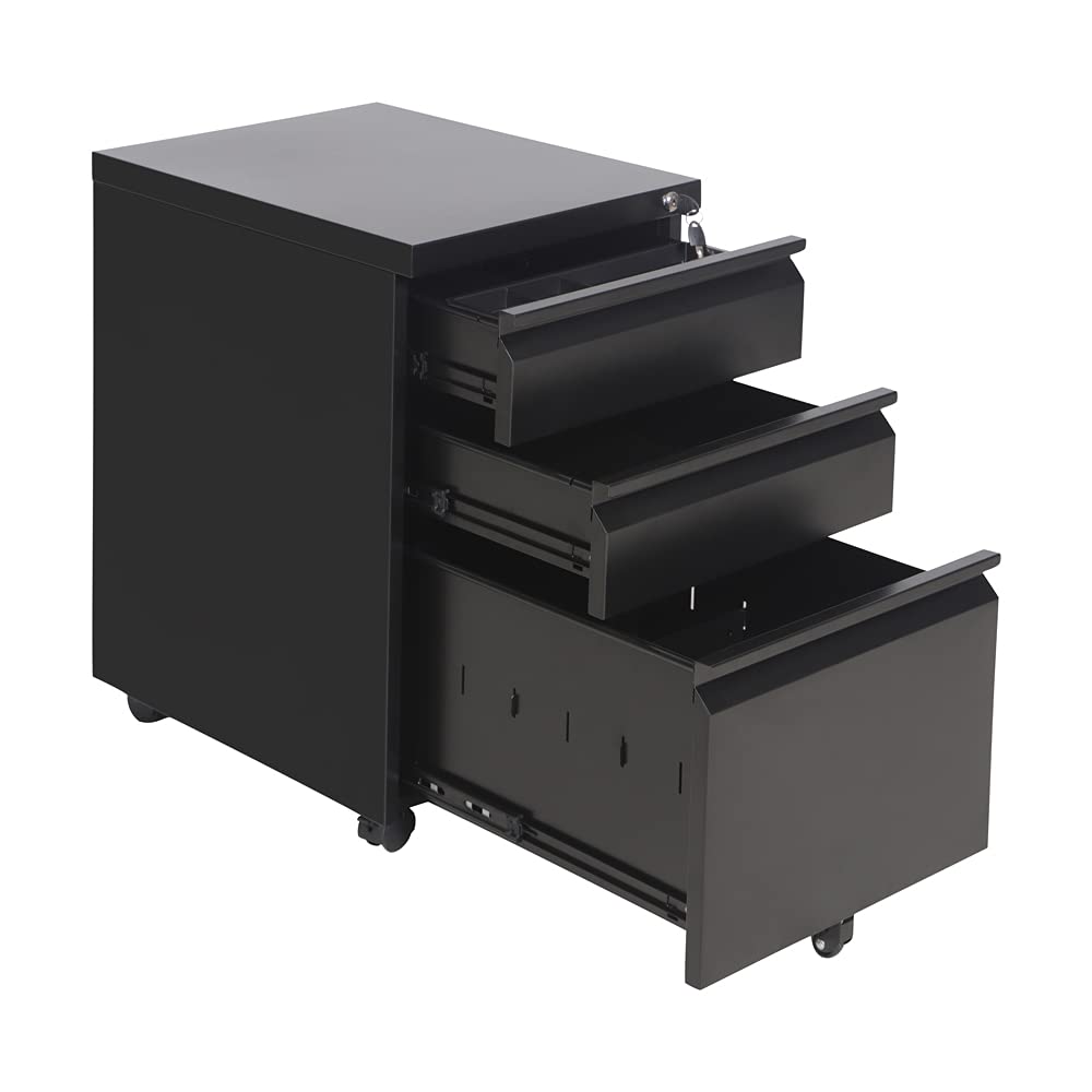 Lockable 3-Drawer Gooseneck Mobile File Cabinet with Wheels - Legal/Letter/A4 Size Metal Filing Cabinet for Home Office Storage (Black) | Perfect for Organizing Documents in Small Spaces & Shared Workspaces
