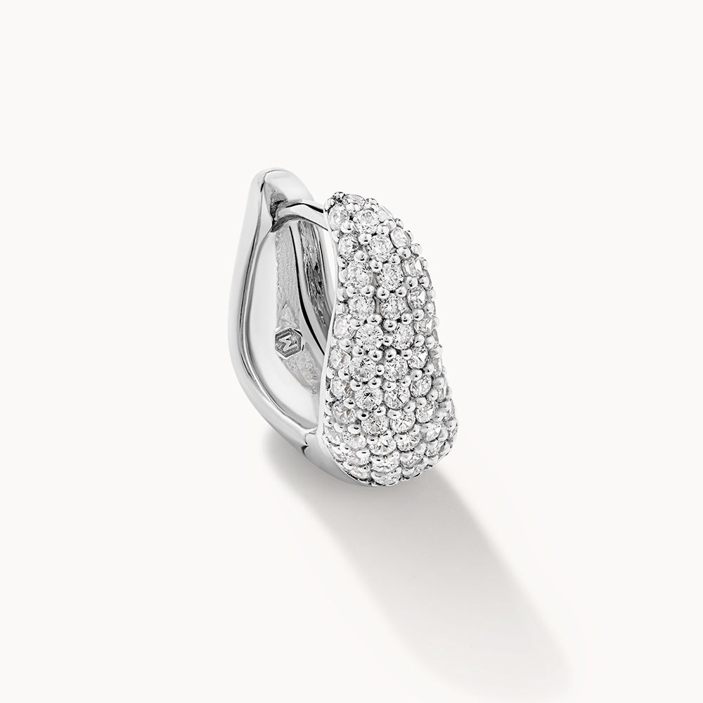 Sterling Silver Midi White Topaz Pave Wave Dome Huggie Earrings for Women - Elegant Everyday Jewelry for Work, Date Night & Special Occasions