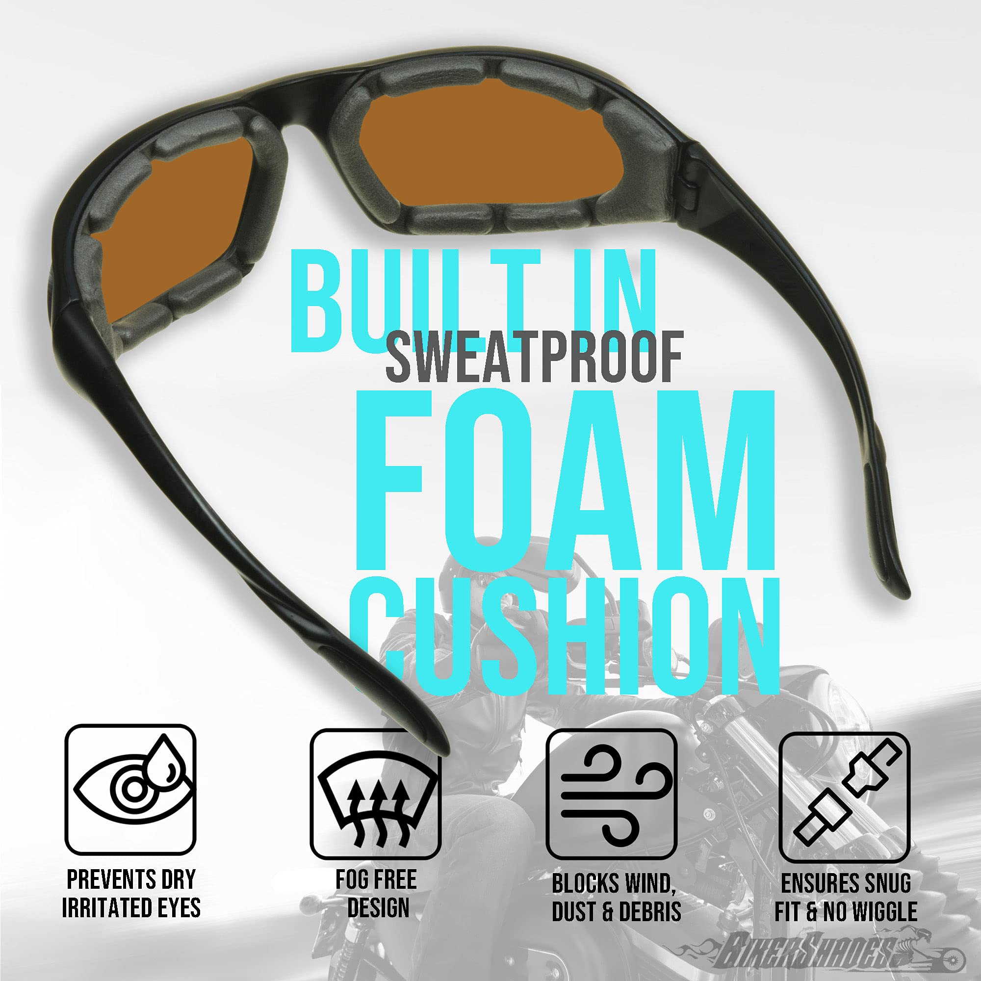 Bikershades Z87 Certified Bifocal Motorcycle Safety Glasses with Foam Padding - UV Protection for Men & Women (Includes Free Hard Case & Sunglass Strap) - Ideal for Riding, Cycling & Outdoor Sports