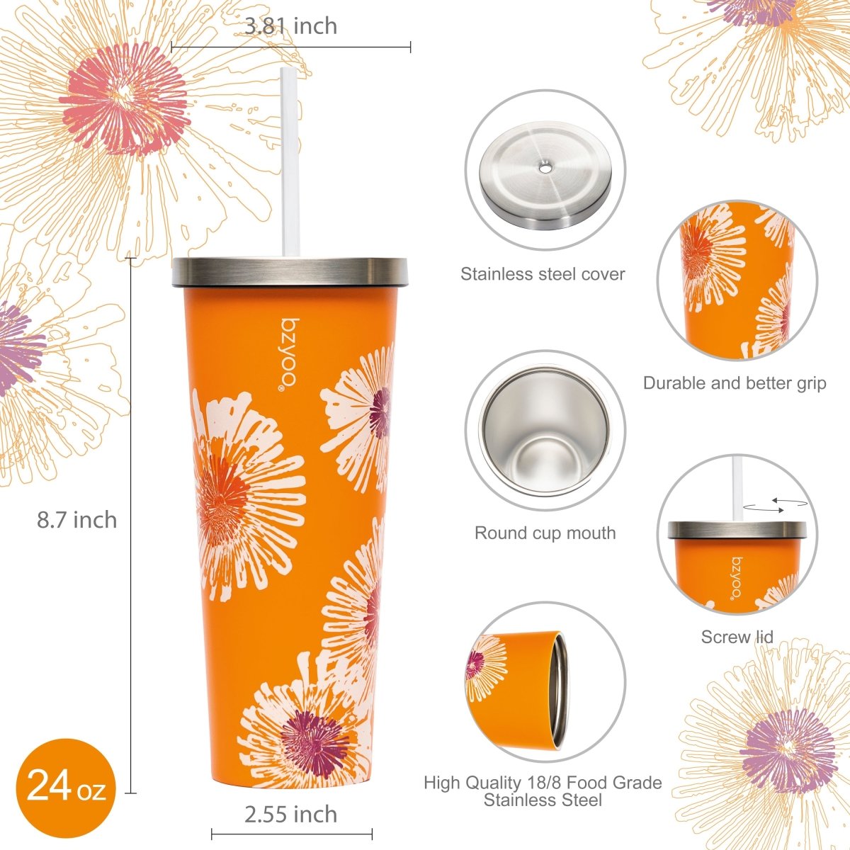 24oz Double Wall Vacuum Insulated Stainless Steel Tumbler with Straw Lid - Floral Orange Design | Leakproof & Sweatproof | Perfect for Coffee, Iced Tea & Outdoor Activities