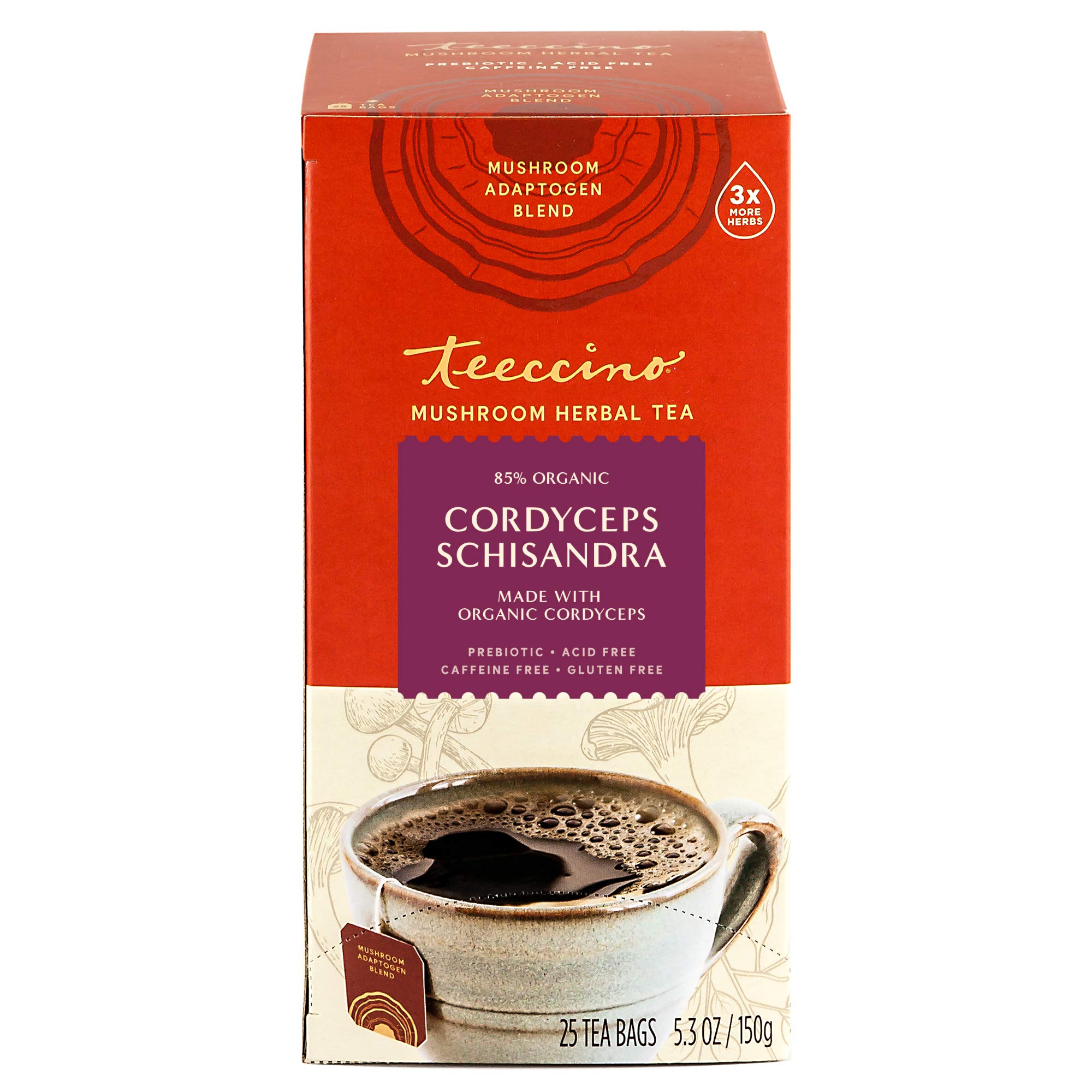Organic Cordyceps Schisandra Herbal Tea - Cinnamon Berry Flavor, Caffeine-Free Adaptogenic Mushroom Tea with 3x More Herbs, Naturally Sweet, Gluten-Free, Prebiotic - 25 Tea Bags for Relaxation & Immune Support