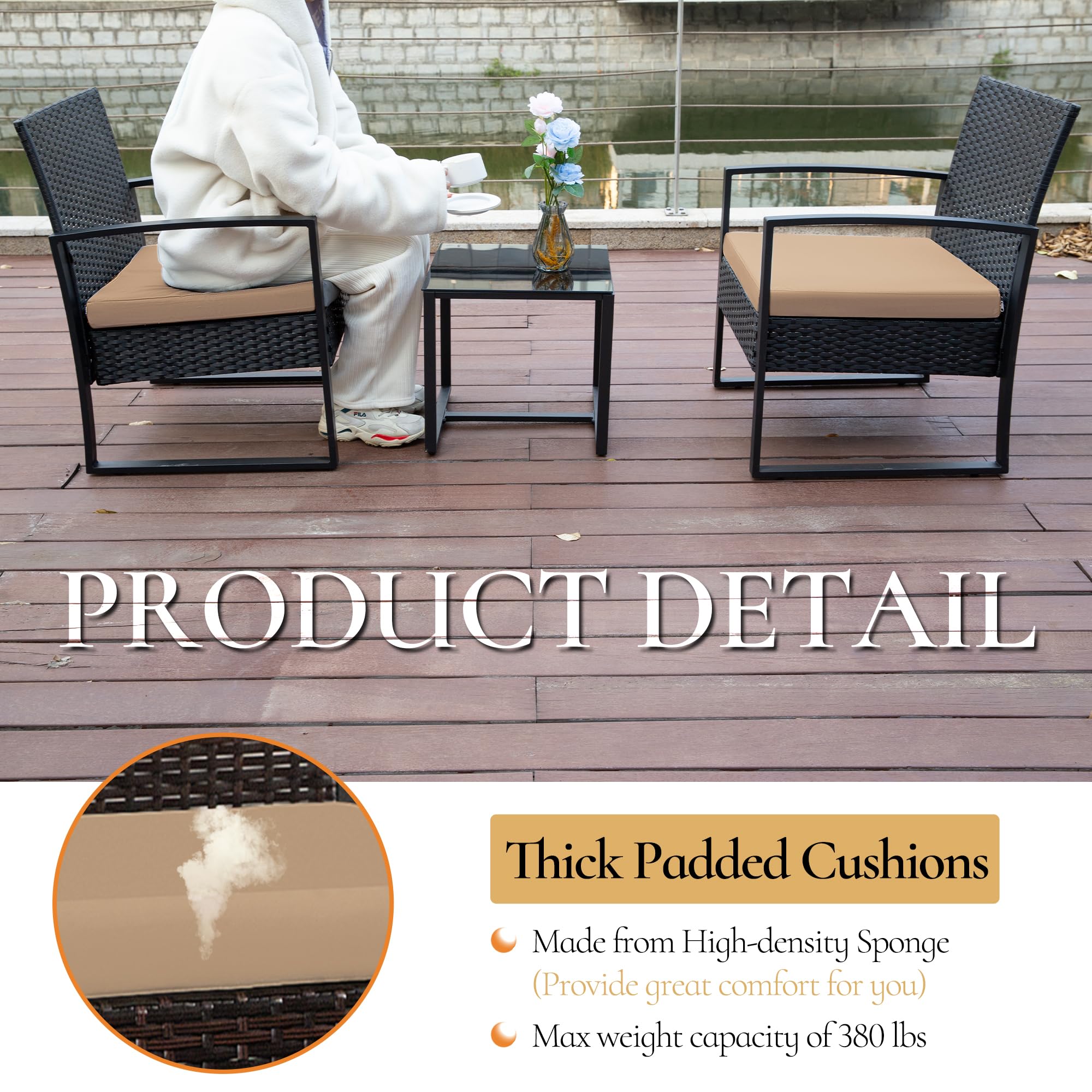 HYDRAGARDEN 3-Piece Outdoor Patio Furniture Set - Black Wicker & Brown Cushion Bistro Conversation Set with Glass Table, Weather-Resistant Rattan Chairs for Garden, Porch, Balcony, Backyard - Perfect for Relaxing, Entertaining Guests, and Outdoor Dining