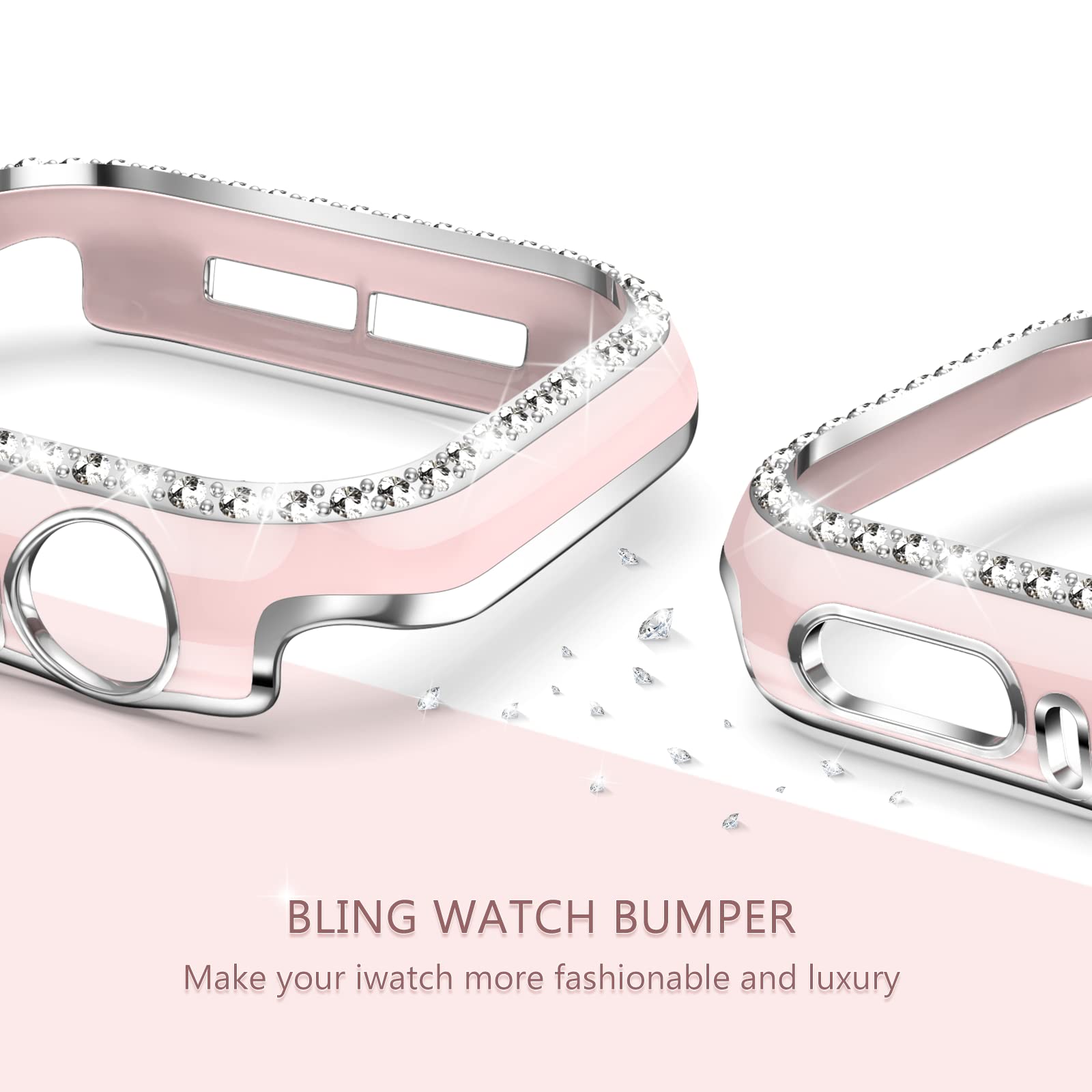 XYF Pink Glitter Apple Watch Band with Bumper Case - Compatible with iWatch SE Series 10/9/8/7/6/5/4/3/2/1 & 38mm 40mm 42mm 44mm 45mm 46mm - Soft Silicone Strap for Women - Perfect for Workouts, Daily Wear & Fashion Accessories