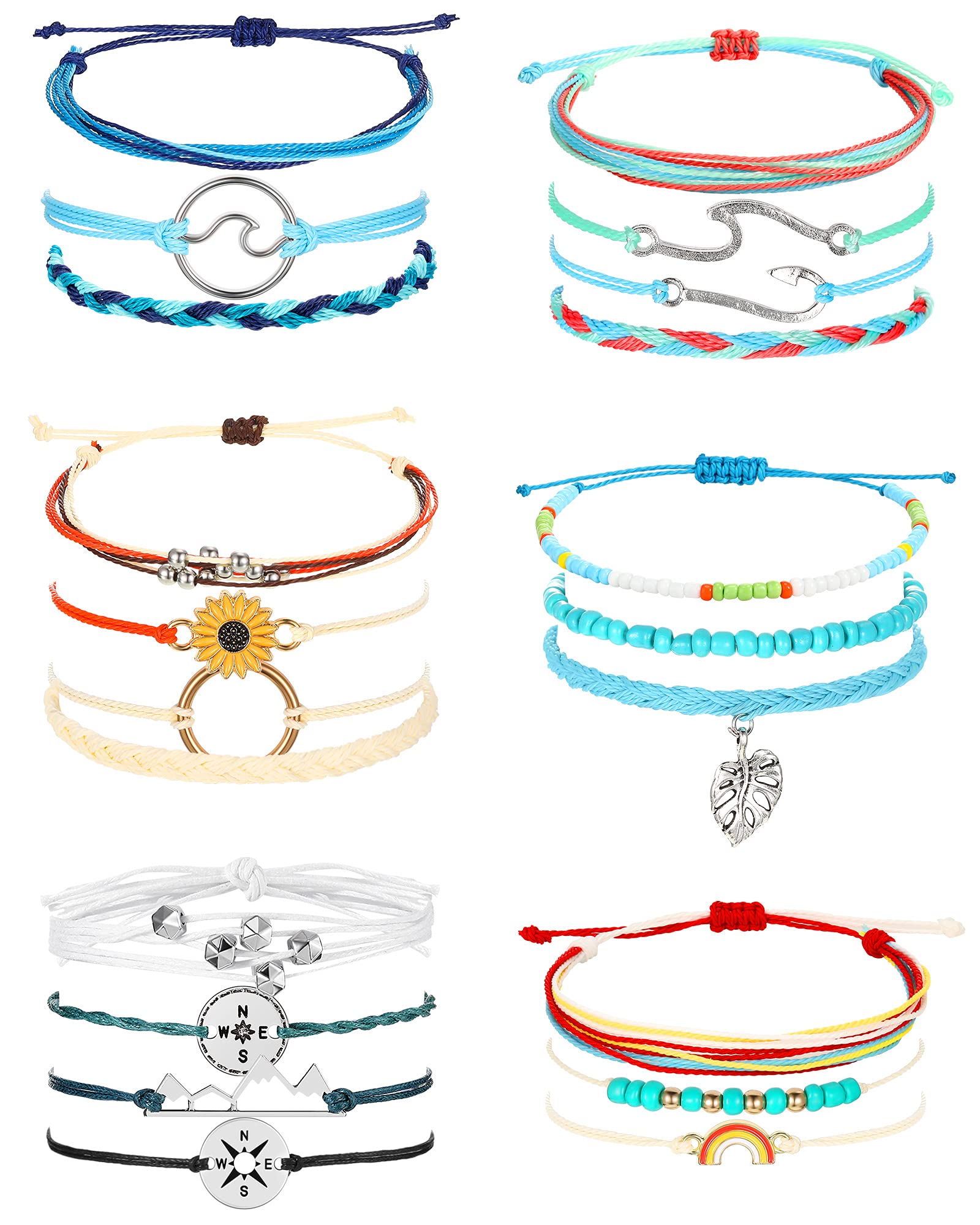 Hicarer 21-Piece Surfer Wave Bracelet Set - Adjustable Waterproof Handmade Ocean Wave Friendship Bracelet & Anklet Jewelry for Women - Perfect for Beach Parties, Summer Festivals & Gifts