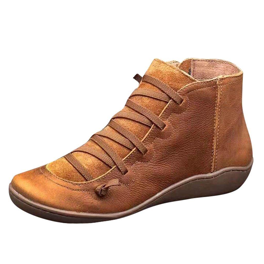 Women's Vintage Lace Up Ankle Boots with Side Zip - Flat Heel Comfortable Arch Support Booties for Casual Wear & Fall Fashion