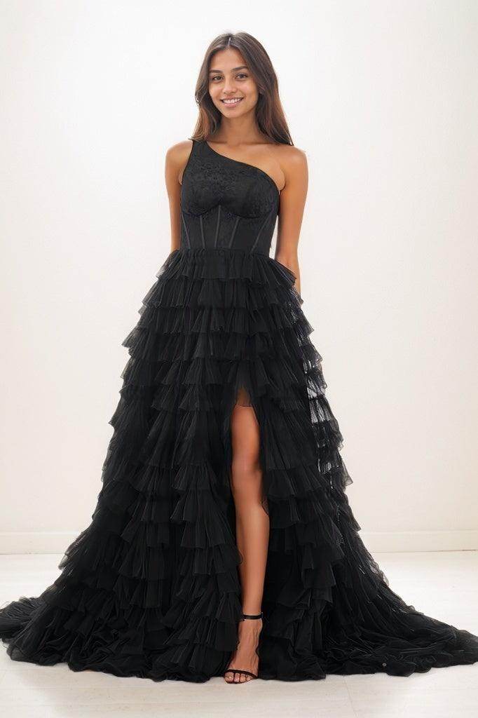 Elegant One Shoulder Tulle Tiered Skirt High Split Prom Dress CS0790 - Perfect for Homecoming, Prom Night & Formal Events