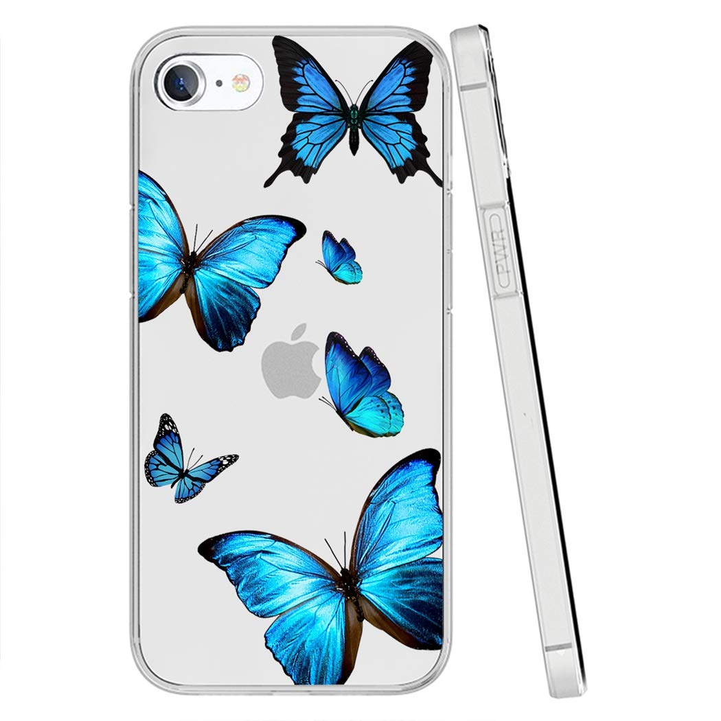 Clear Soft TPU Shockproof Protective Phone Case for iPhone SE 2020/iPhone 8/iPhone 7 (4.7 Inch) - Cute Blue Butterfly Design for Women & Girls | Perfect for Everyday Use, Work & Travel