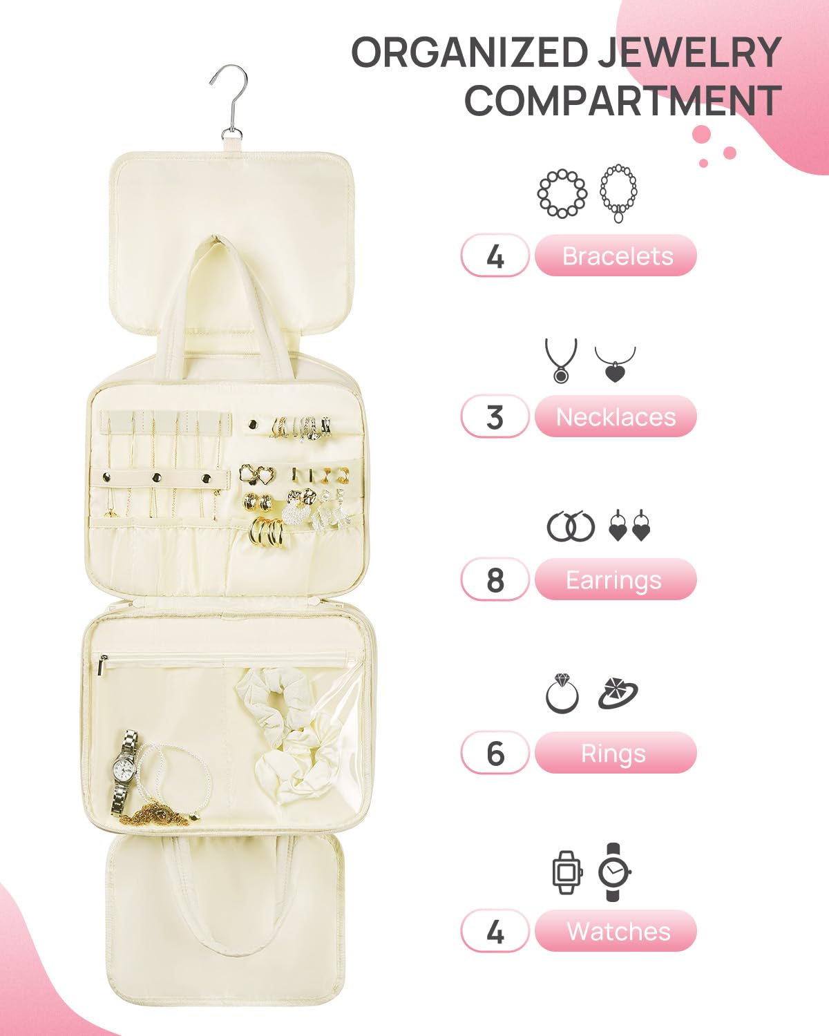 Telena Travel Toiletry Bag with Jewelry Organizer - Waterproof Hanging Cosmetic Bag for Women | Lightweight Makeup Organizer for Travel Essentials | Perfect for Vacation, Business Trips & Gym Use