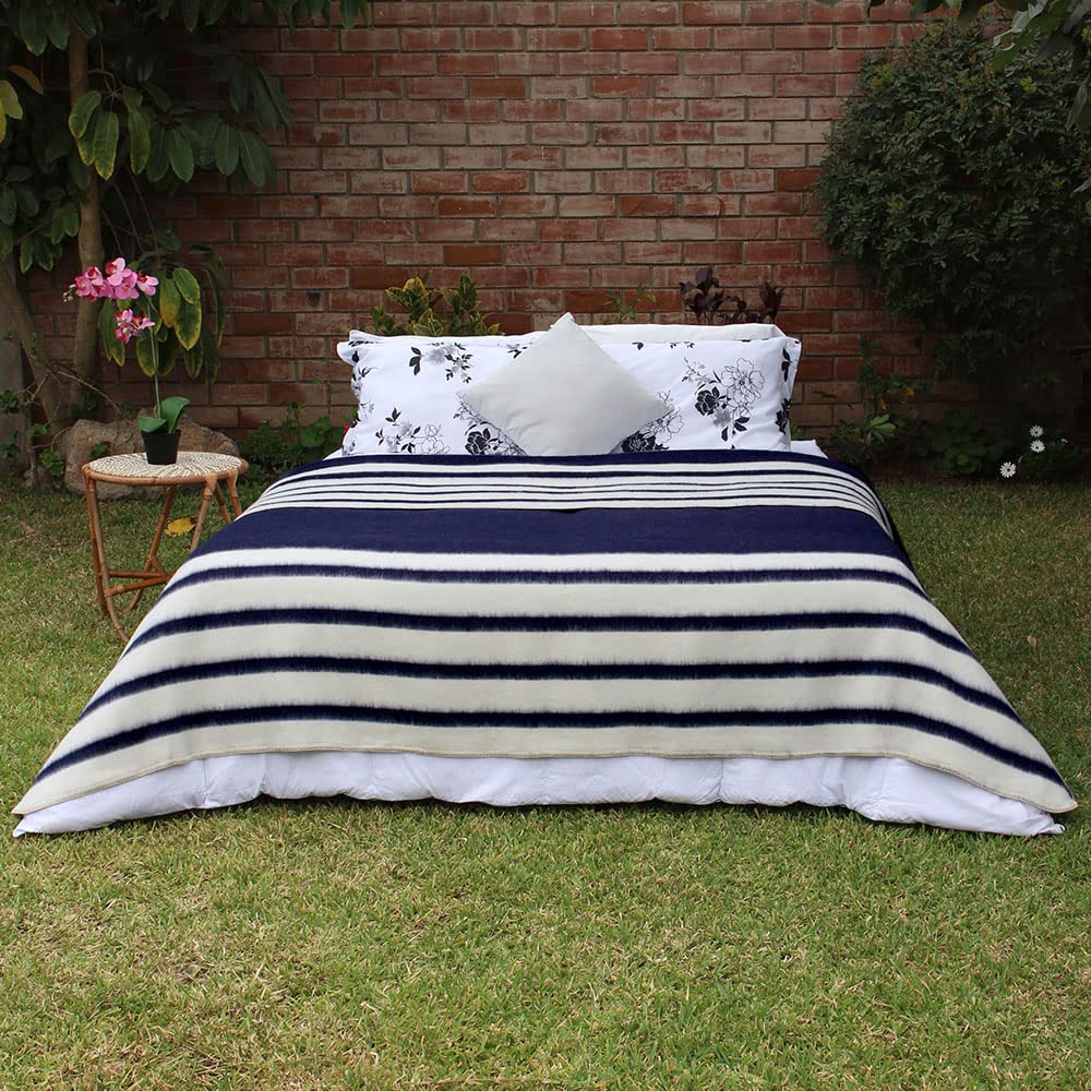 Premium Heavyweight Alpaca Wool Blanket for Camping & Home - Ultra Soft Peruvian Alpaca Throw - Navy Blue/Ivory Queen Size - Perfect for Outdoor Adventures & Cozy Indoor Nights