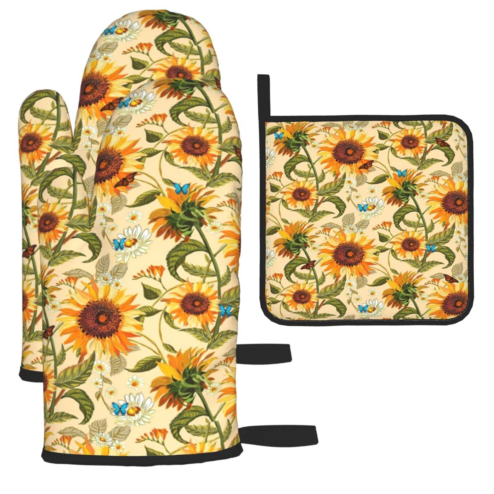 **Sunflower Oven Mitts and Pot Holders Set of 3 - Heat Resistant Kitchen Gloves for Cooking, Baking, BBQ & Grilling - Farmhouse Floral Decor (Yellow Sunflower Design) - Perfect for Home, Kitchen & Outdoor Use**
