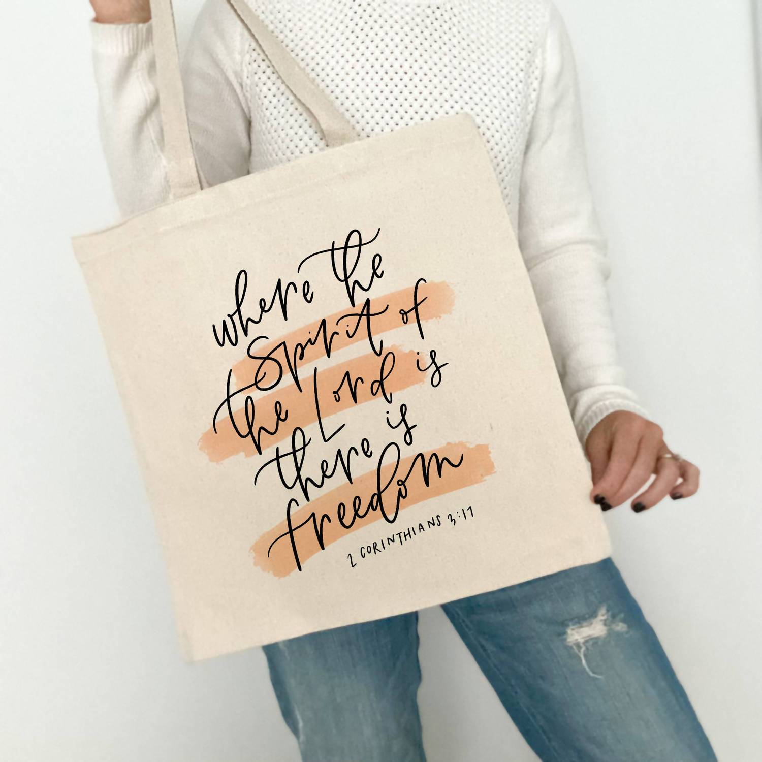 Spirit of the Lord Tote Bag in Beige - Religious Canvas Tote for Church, Bible Study & Everyday Use