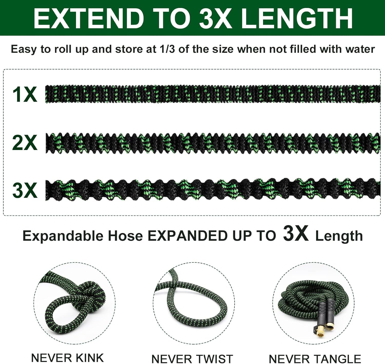 50 FT Expandable Garden Hose with 10-Function High-Pressure Spray Nozzle - Heavy Duty Flexible Water Hose with 3/4