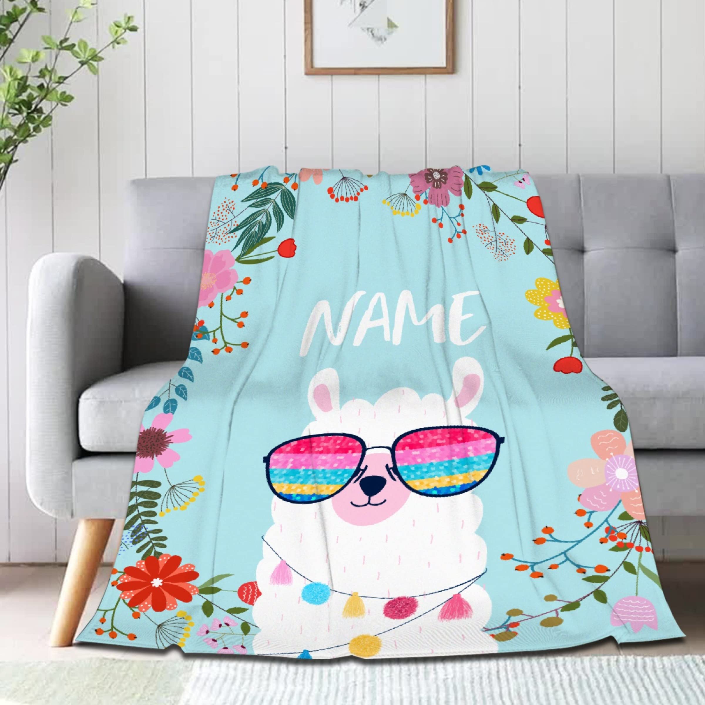 Personalized Floral Llama Baby Blanket with Name - Super Soft Custom Blanket for Newborn Boys & Girls (90x120cm) - Perfect for Swaddling, Nursery Decor & Family Gifts