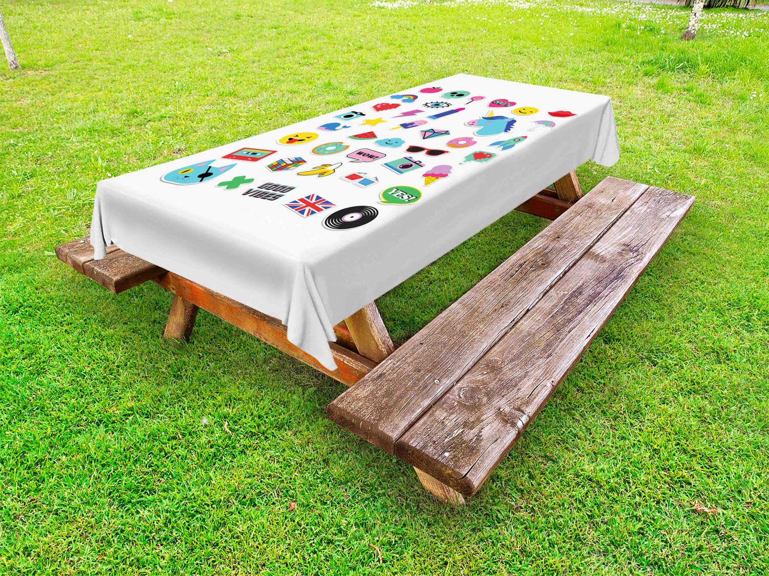 Ambesonne Emoticon Outdoor Tablecloth - Colorful Cartoon Design with Ice Cream, Rocket, Donut & Star Patterns - Washable Picnic Table Cover 58x104 Inches - Perfect for Backyard BBQs, Picnics & Outdoor Parties