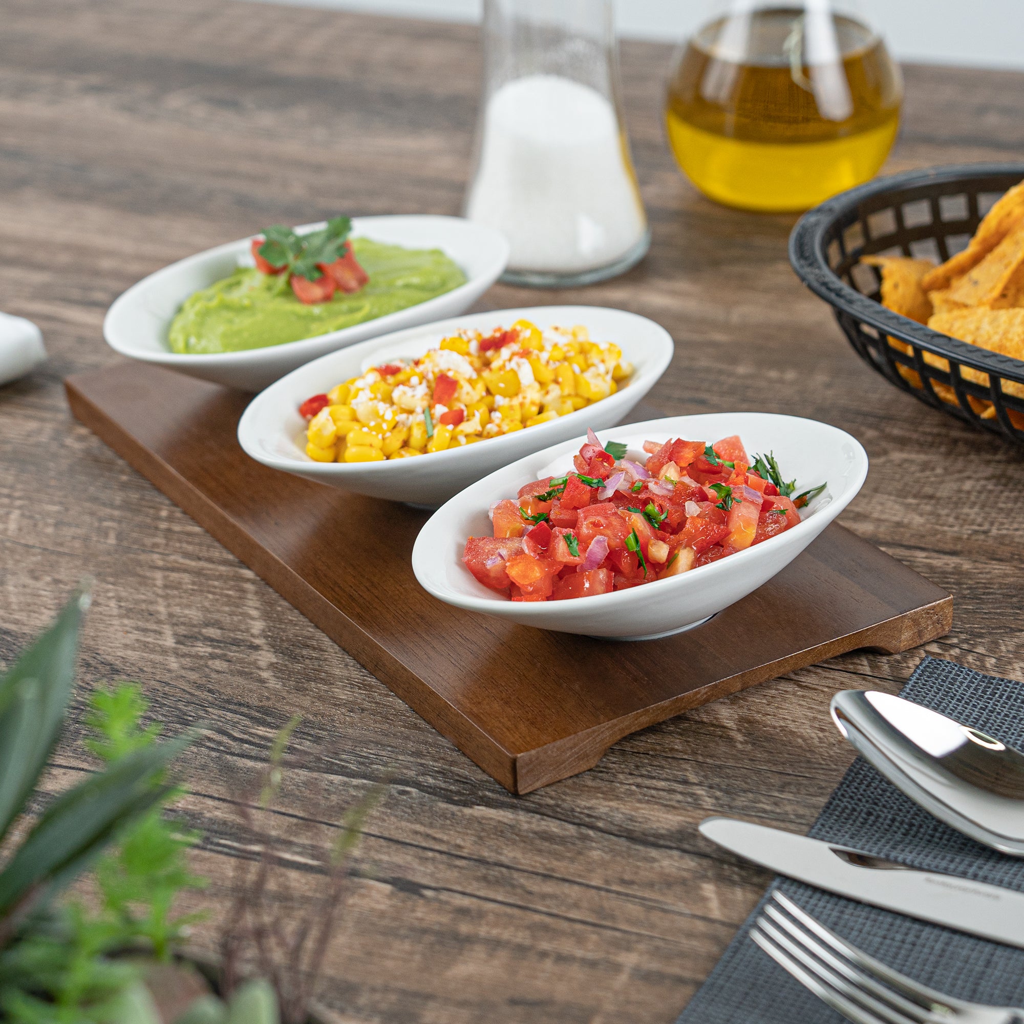 Premium 9 oz White Porcelain Rectangular Ellipse Bowls Set of 3 with Bamboo Tray - 10.25