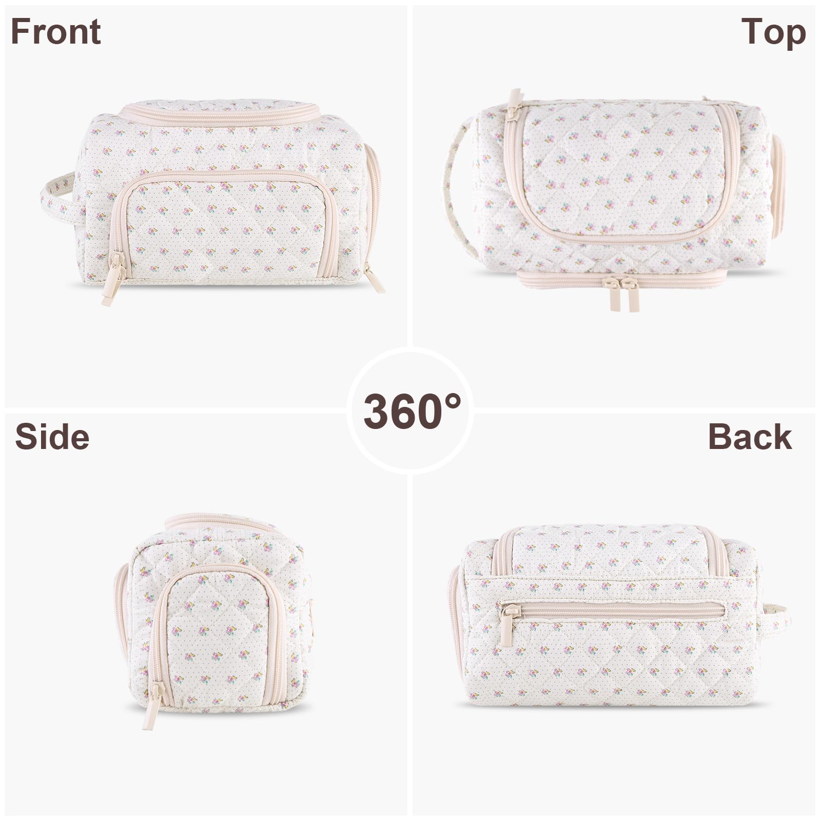 Lushandy Cute Floral Makeup Bag for Women, Large Quilted Puffer Cosmetic Organizer - Coquette Aesthetic Travel Toiletry Bag for Makeup Brushes & Essentials | Perfect for Travel, Gym & Daily Use