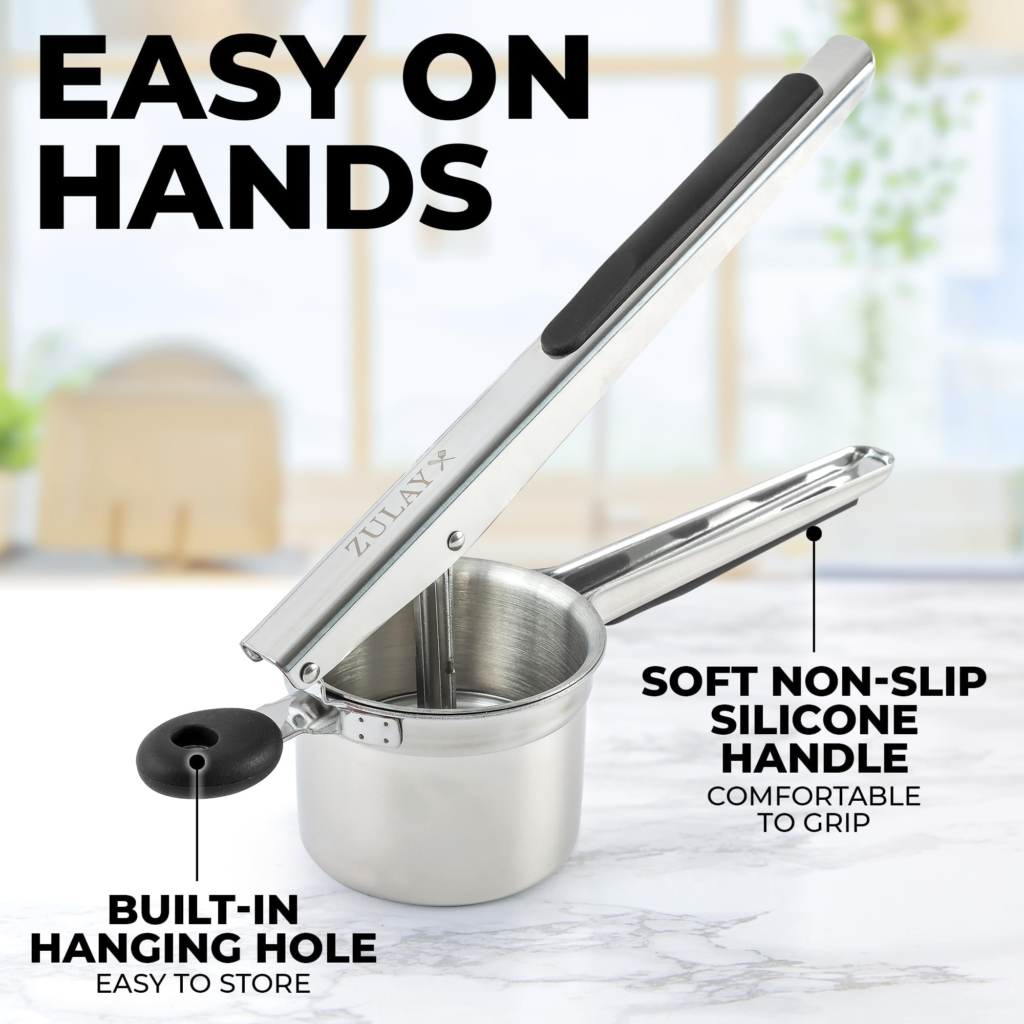 Zulay Kitchen Premium 15oz Stainless Steel Potato Ricer & Masher - Heavy Duty Professional Kitchen Tool for Smooth Mashed Potatoes, Baby Food & Purees - Silver/Black