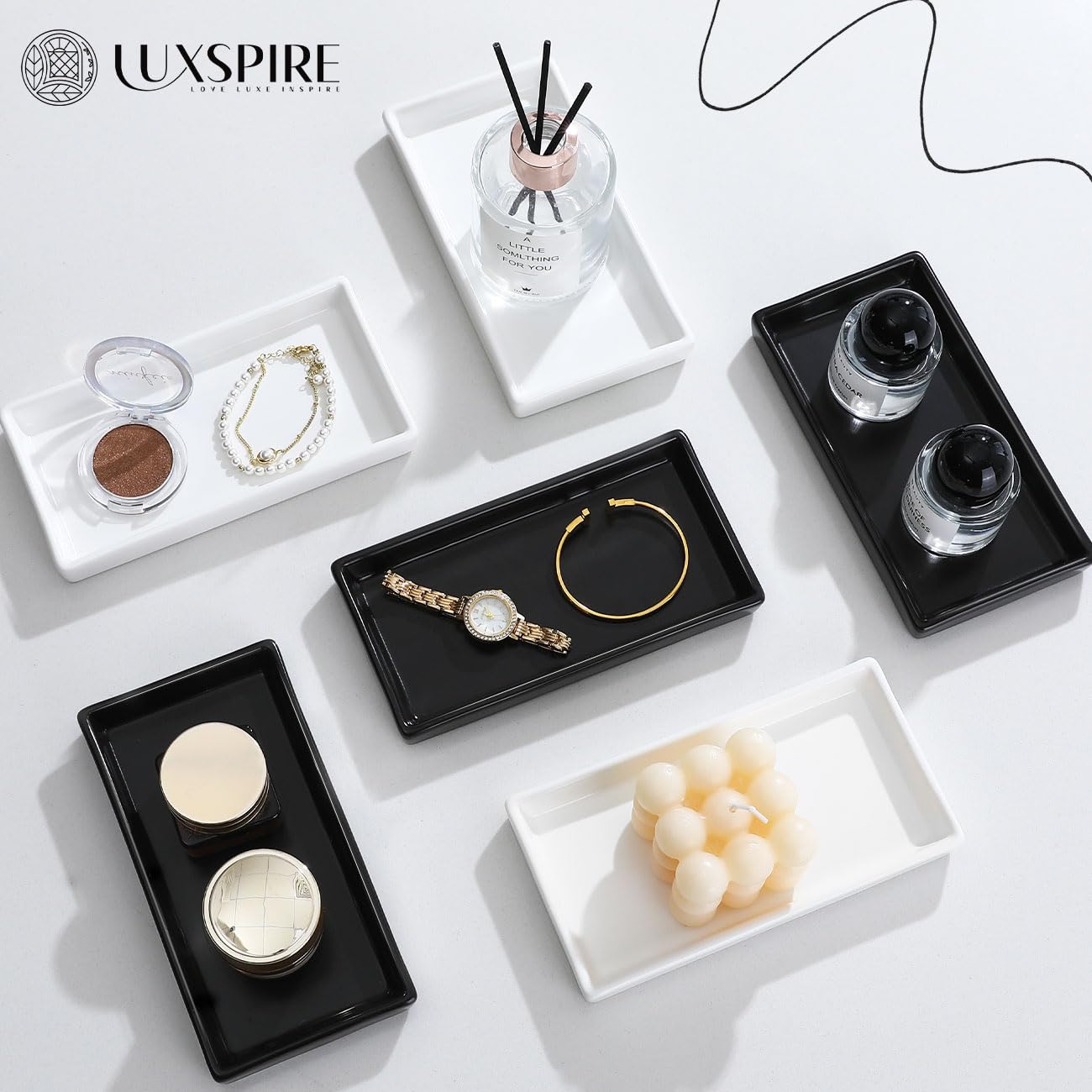 Luxspire White Ceramic Bathroom Vanity Tray - Mini Soap Dispenser Tray, Jewelry Dish & Candle Holder for Bathroom Organizer, Kitchen Sink, and Makeup Counter | Perfect for Small Spaces, Gift Giving & Home Decor