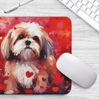 Non-Slip Rubber Mouse Pad with Shih Tzu Dog & Red Hearts Pattern - Cute Puppy in Love Design for Home Office, Work Desk, Computer & Laptop - Perfect Gift for Dog Lovers (Ideal for Work, Gaming & Pet-Themed Decor)